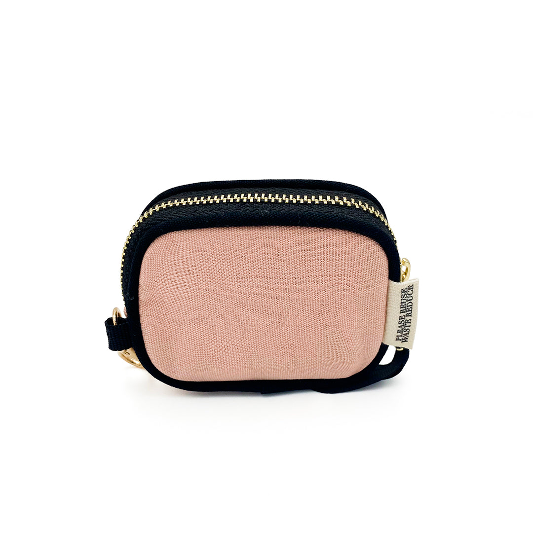 Bag-all Blush Pink Cotton Earbuds Case with Gold Clasp and Zipper - Protective Storage Pouch for Airpods with Black Trim Detail and Secure Attachment Hook