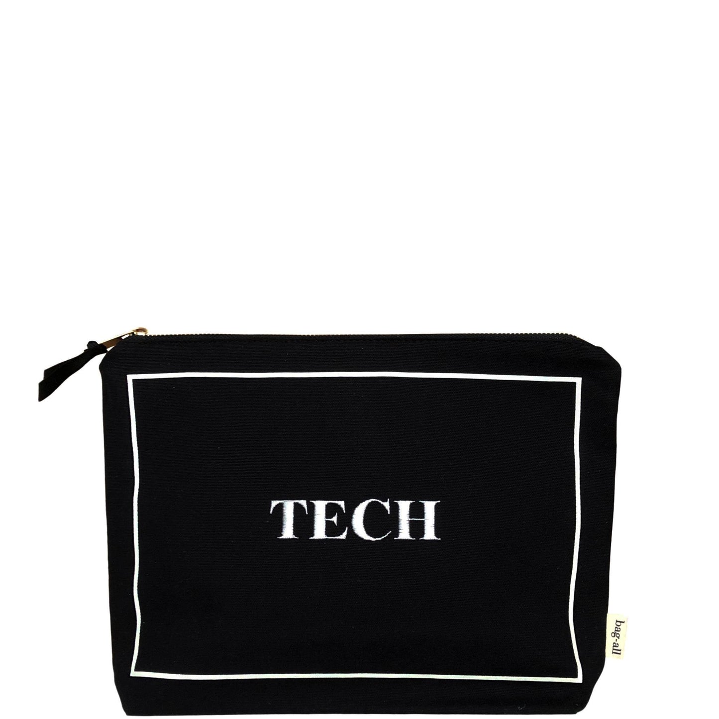 Bag-all Black Tech Pouch with white border and text, stylish organizer for gadgets and chargers, featuring zipper closure and laminated interior