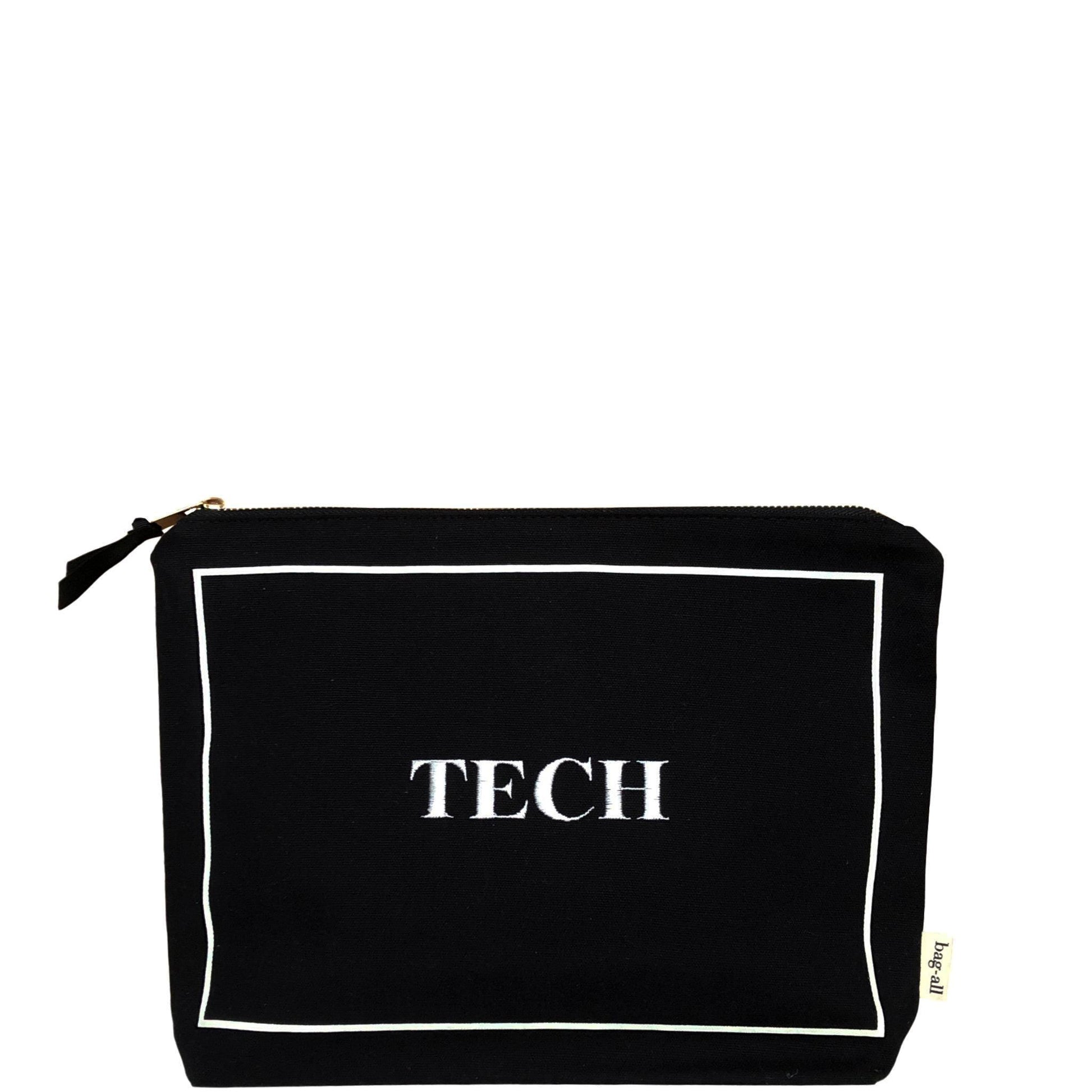 Bag-all Black Tech Pouch with white border and text, stylish organizer for gadgets and chargers, featuring zipper closure and laminated interior