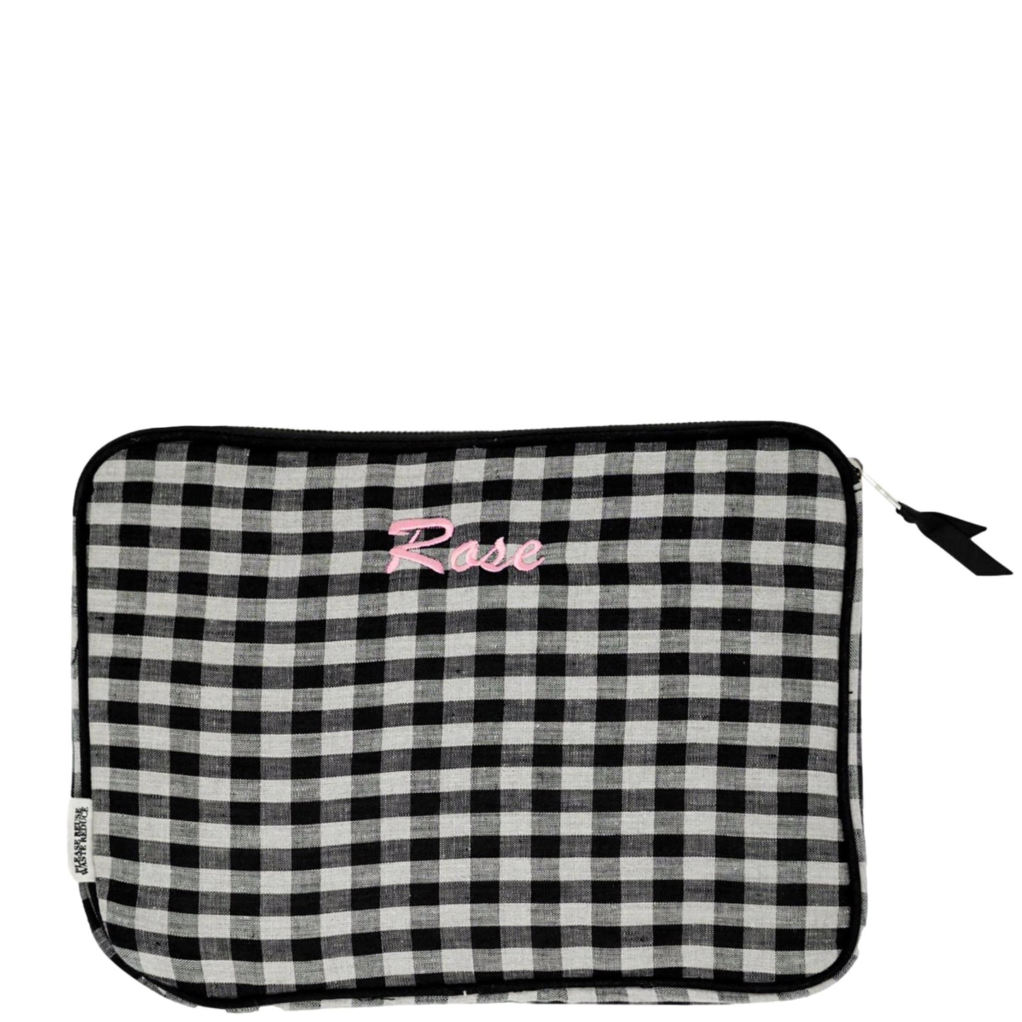 Bag-all 13" Gingham Laptop Case with charger pocket, featuring black and white checkered pattern, padded interior, gold zipper, and personalized name embroidery in pink