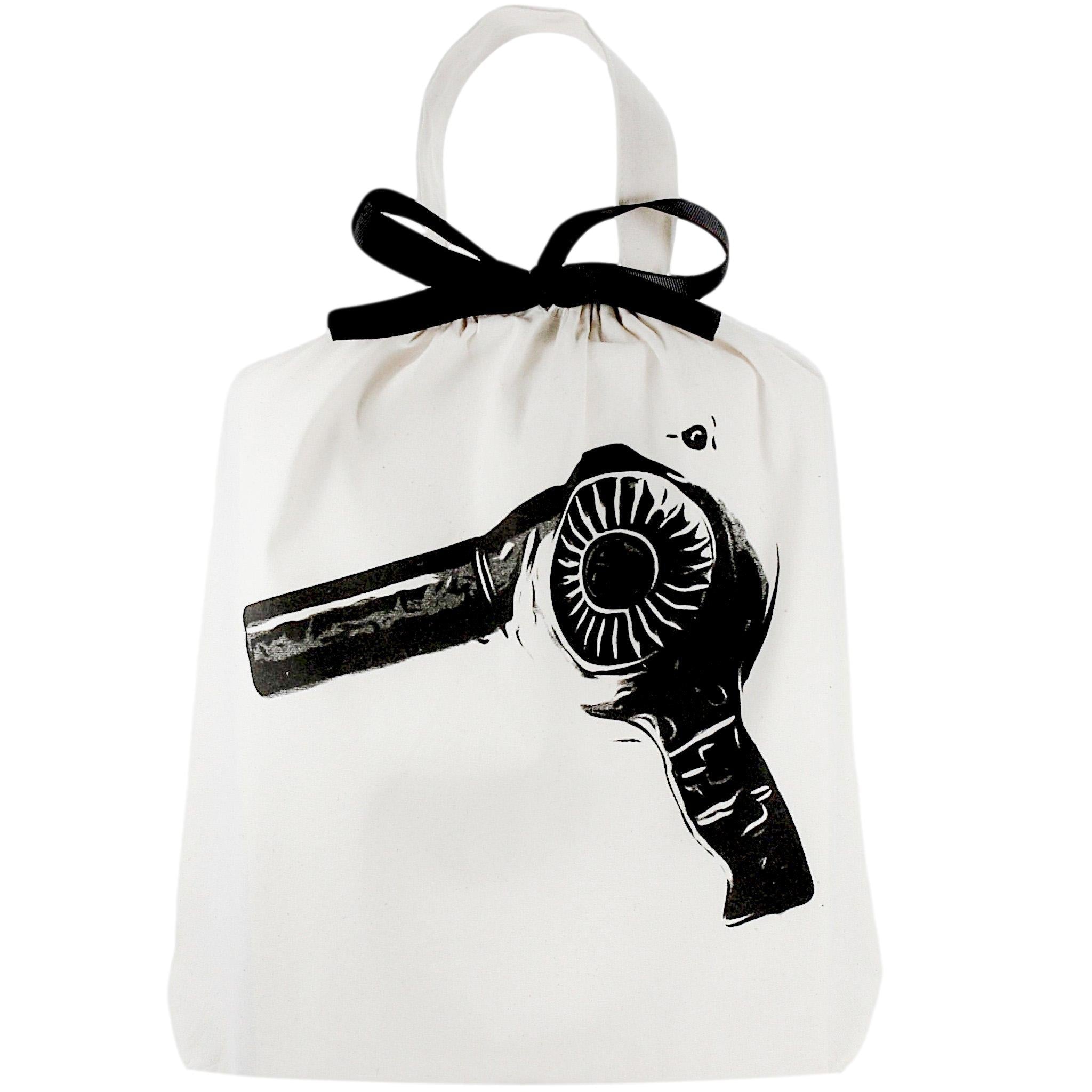 Bag-all Cream Hair Dryer Travel Bag featuring black hairdryer illustration with elegant bow, perfect for organizing styling tools and travel