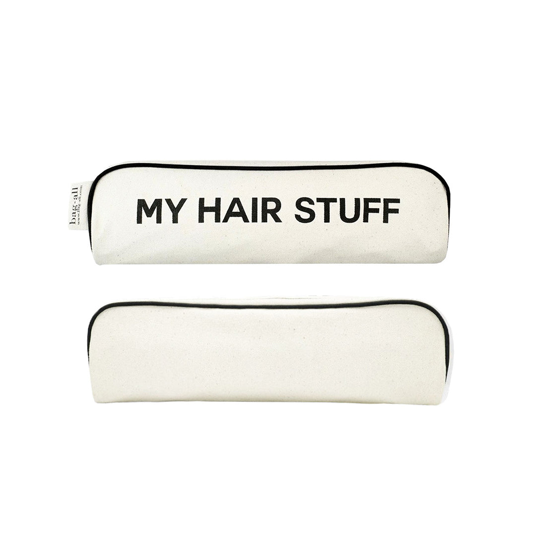 Bag-all Hair Stuff Travel Case in cream with black trim, featuring 'MY HAIR STUFF' text, perfect for organizing hair tools and accessories while traveling