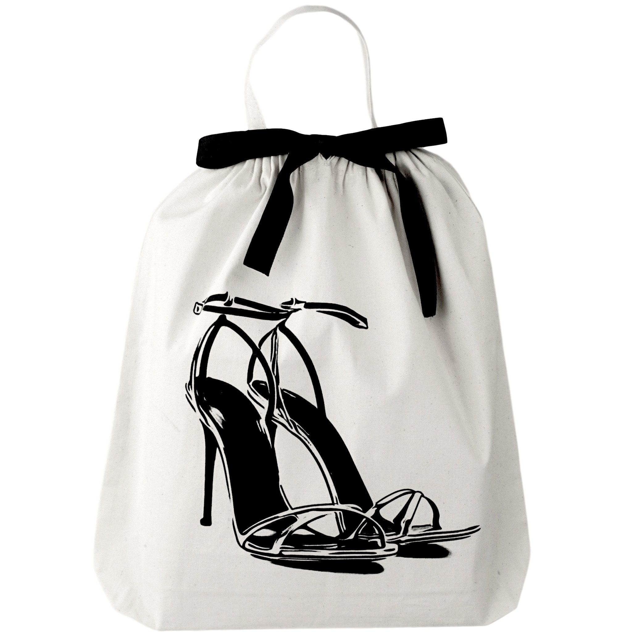 Bag-all cream cotton shoe storage bag with black stiletto heel illustration and bow, perfect for protecting high heels and organizing closets