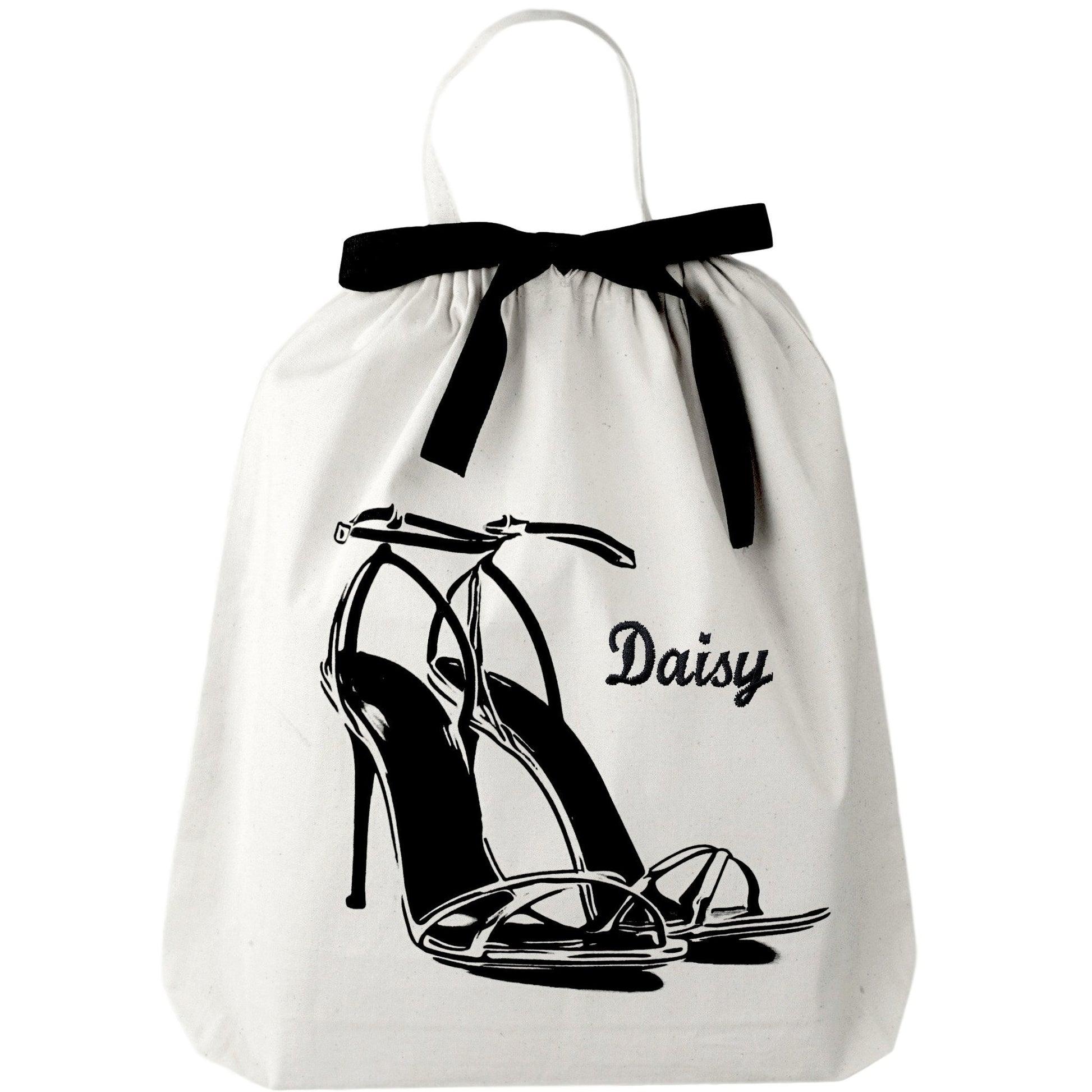 Bag-all cream cotton shoe bag with black stiletto sandal illustration and elegant black bow, perfect for storing and protecting high heels while traveling