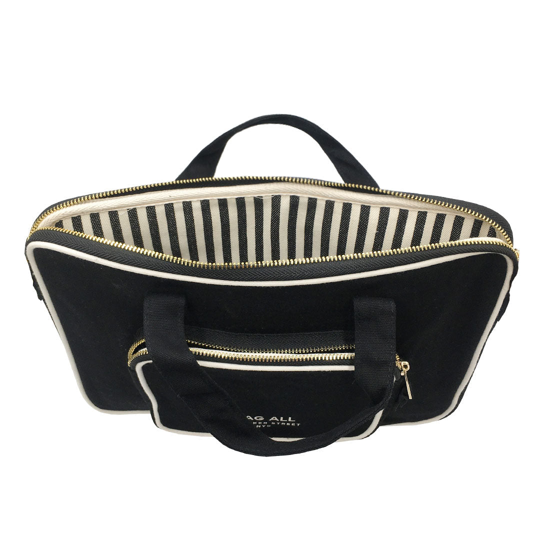 Bag-all Black Laptop Case with charger pocket, featuring striped interior lining, gold-plated zippers, and padded protection for 13" devices, designed for modern organization