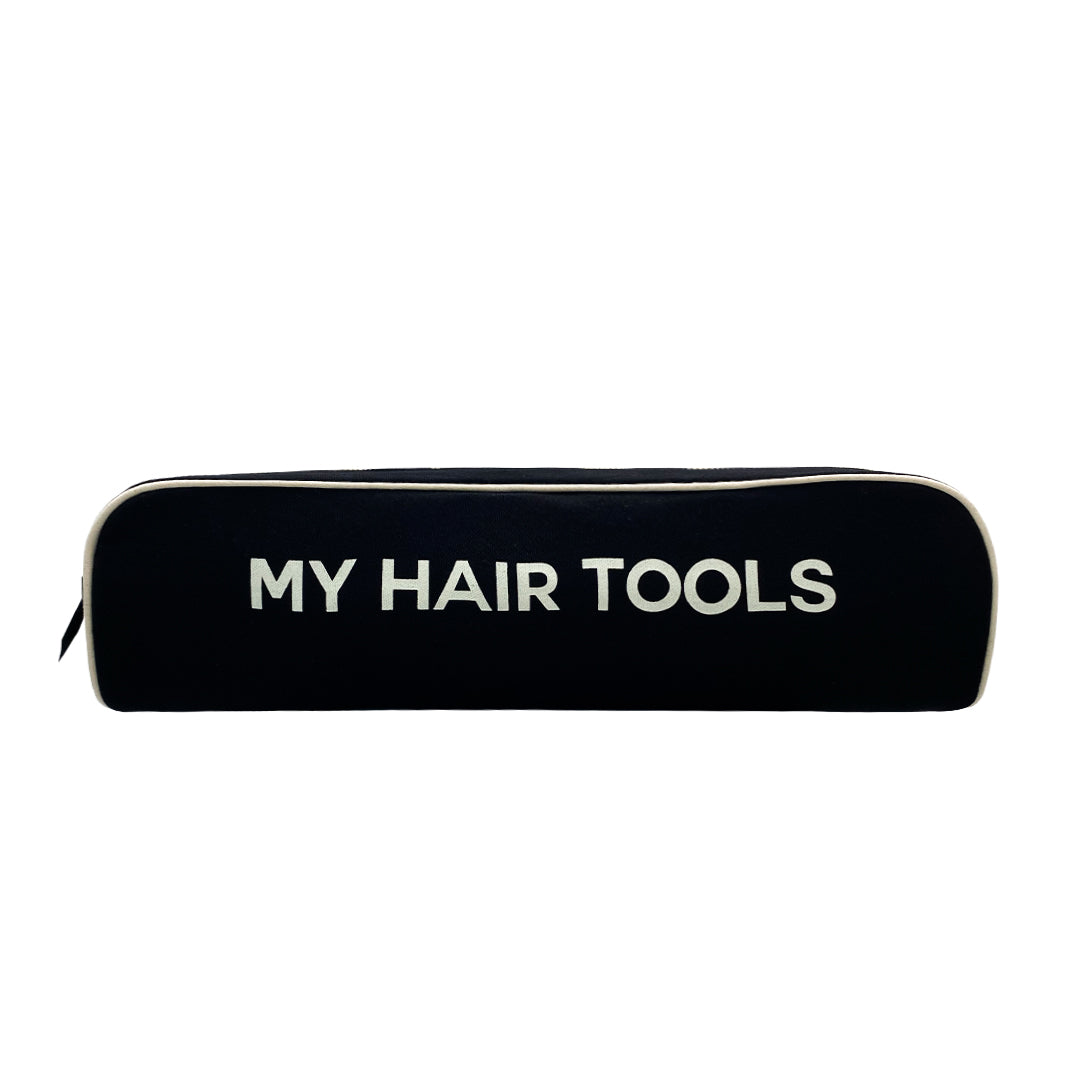 Bag-all Roomy Hair Tools Travel Case in black with white text "MY HAIR TOOLS", featuring gold zipper and heat-resistant lining for Dyson Airwrap storage