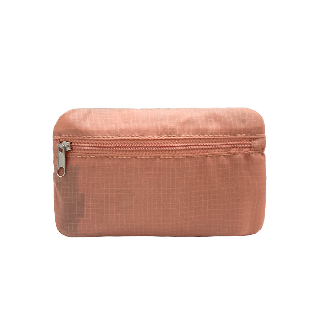 Bag-all Folding Shopping Bag zipper pocket pouch in salmon pink nylon, featuring ripstop pattern and silver zipper closure for compact storage and organization