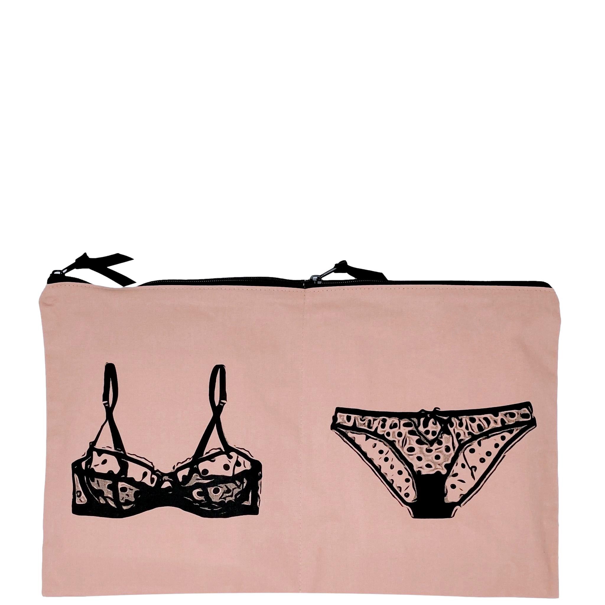 Bag-all Double Lingerie Packing Pouch in pink/blush with black lingerie print design, featuring dual compartments with metal zippers for organized intimate storage