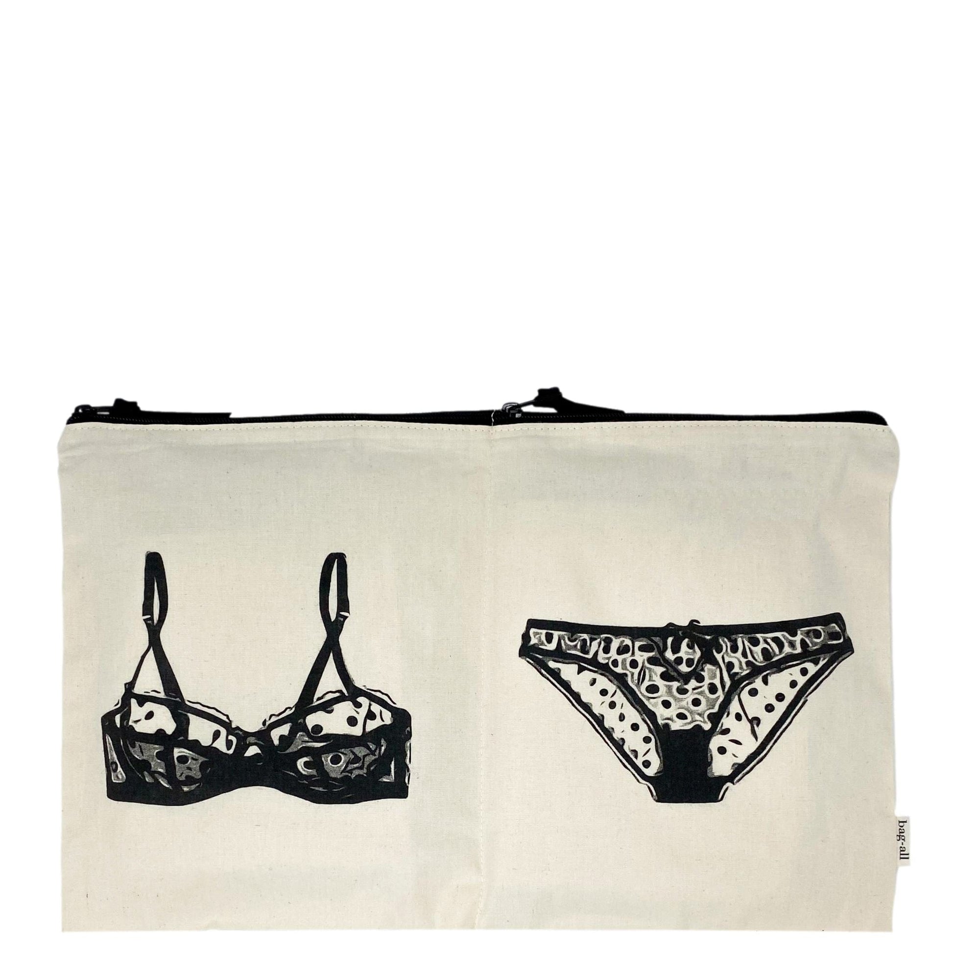Bag-all Double Lingerie Packing Pouch in cream cotton featuring black illustrated bra and panty design, with dual compartments for organized intimate storage