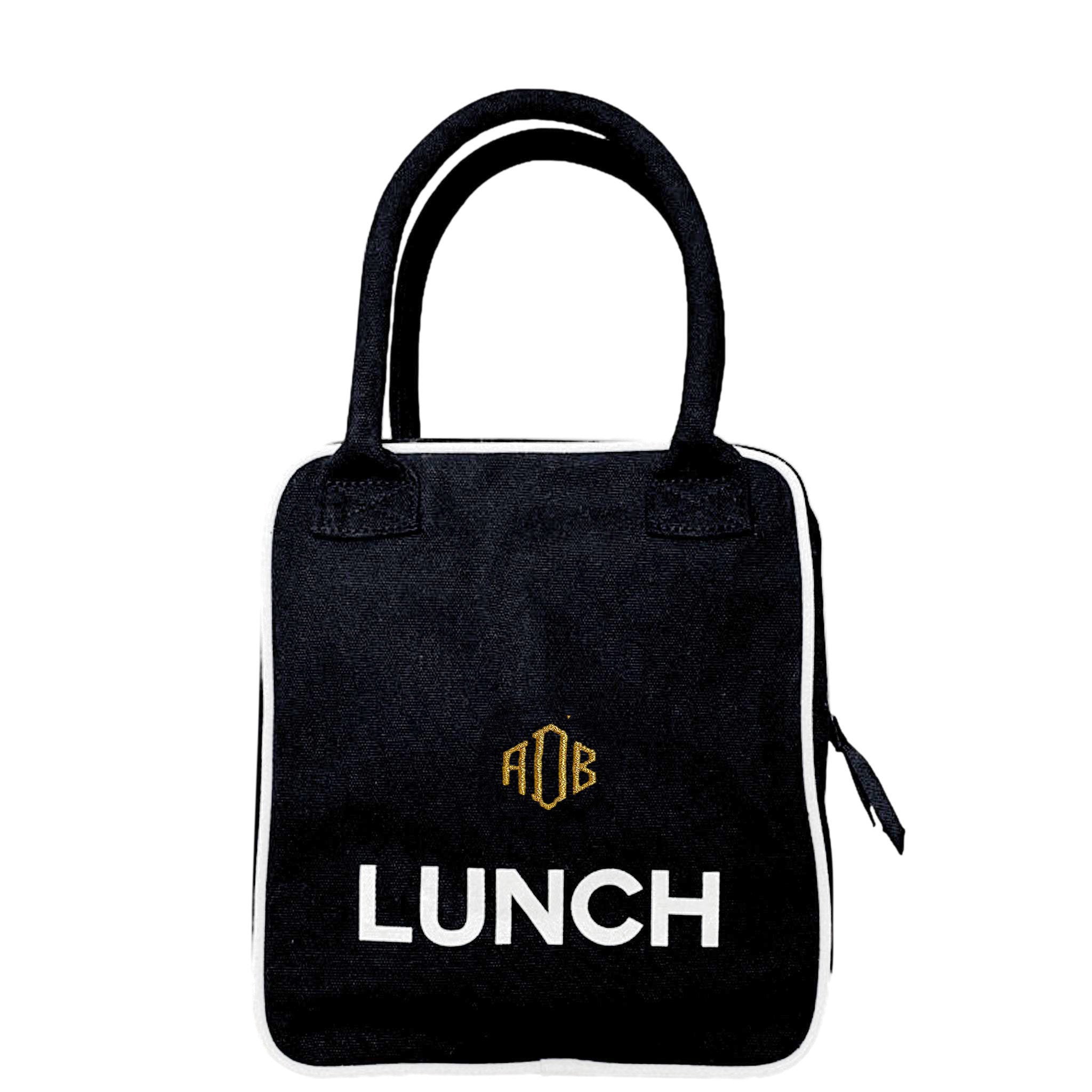 Bag-all Black Insulated Lunch Box with white piping, gold monogram and LUNCH text, featuring padded handle and metal zipper for convenient meal transport