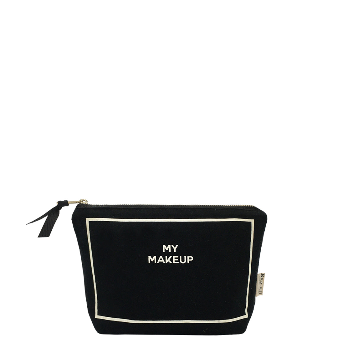 Bag-all My Makeup Pouch in black canvas with waterproof coated lining, featuring white border trim and text, perfect for organizing daily beauty essentials