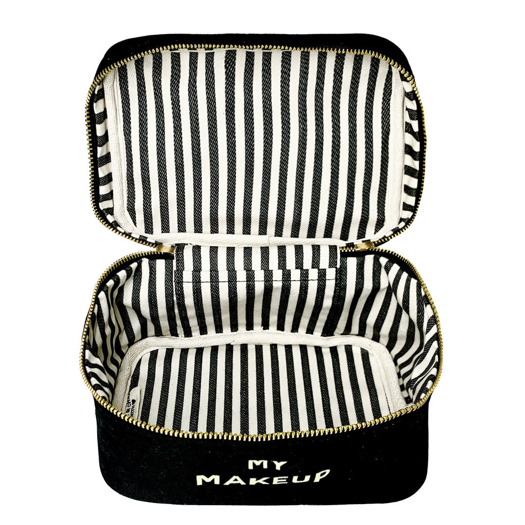 Bag-all My Makeup Cosmetic Box in black with stylish striped interior, featuring waterproof lining and spacious square design for organized beauty storage