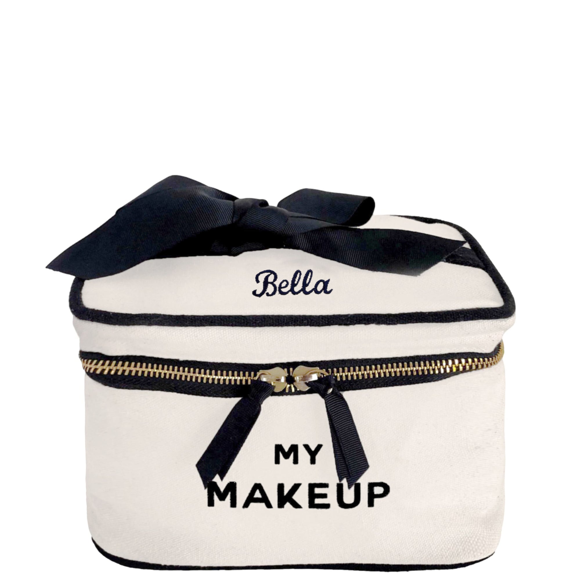 Bag-all My Makeup Cosmetic Box in cream with black bow and personalized name, featuring gold zipper detail and waterproof interior for beauty storage and travel