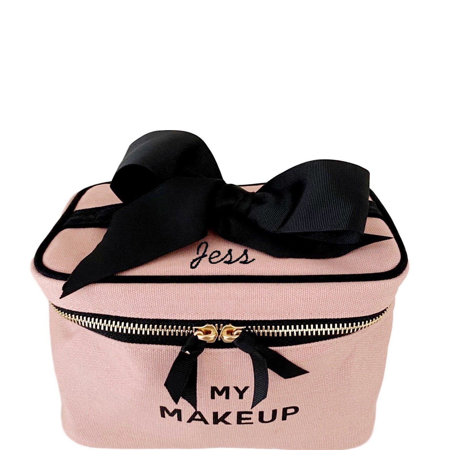 Bag-all My Makeup Cosmetic Box in blush pink with black bow, gold zipper and personalized name Jess, perfect for organizing beauty essentials