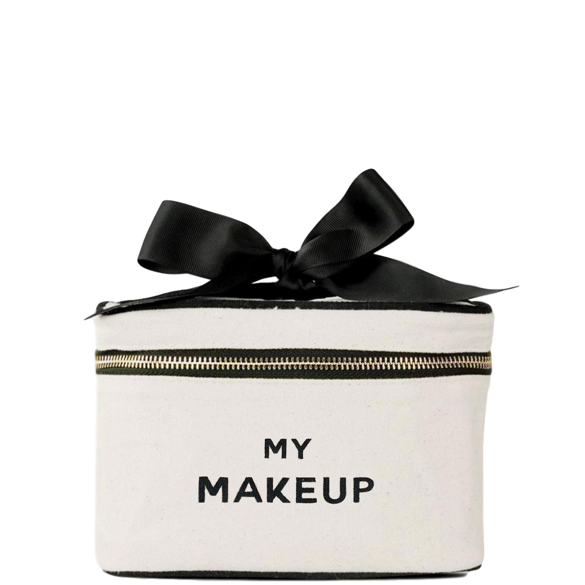 Bag-all My Makeup Cosmetic Box in cream with black bow and zipper detail, stylish waterproof makeup organizer for beauty essentials and travel
