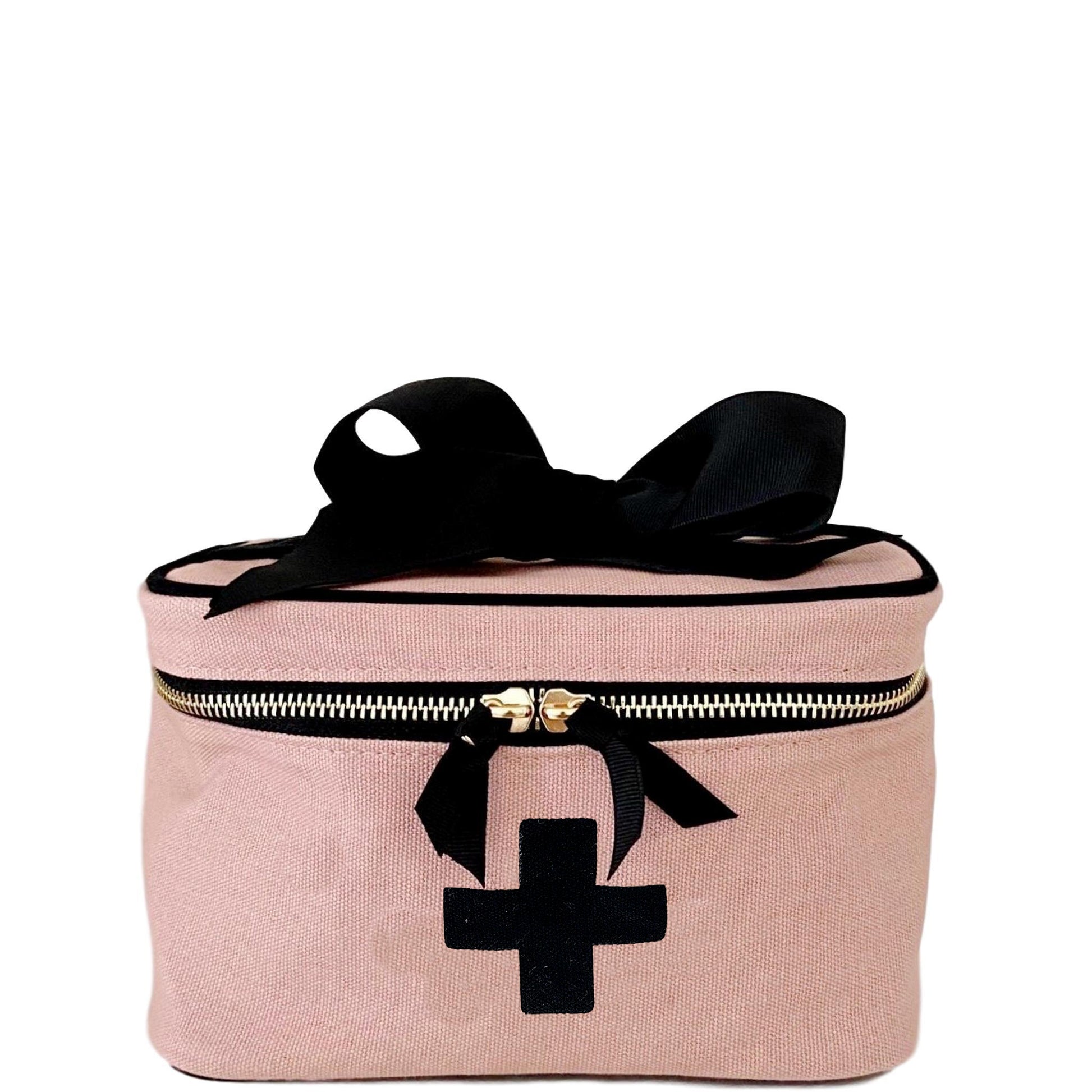 Bag-all Meds and First Aid Storage Box in blush pink cotton with black cross design, decorative bow, zippered closure and carry handle - stylish medical organizer