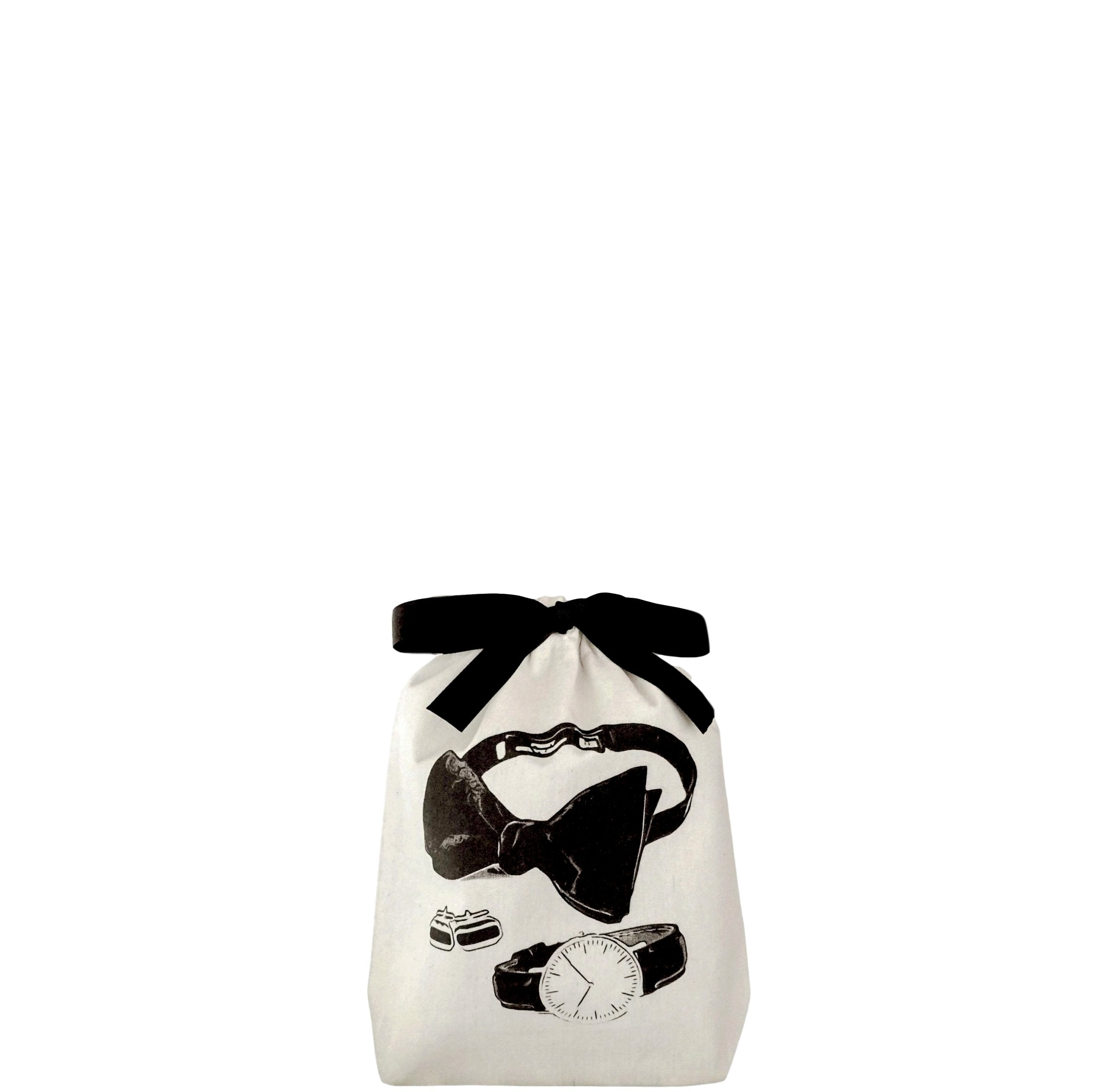 Bag-all Men's Accessories Bag in cream cotton featuring black bow tie, watch and cufflinks illustration with elegant black ribbon closure