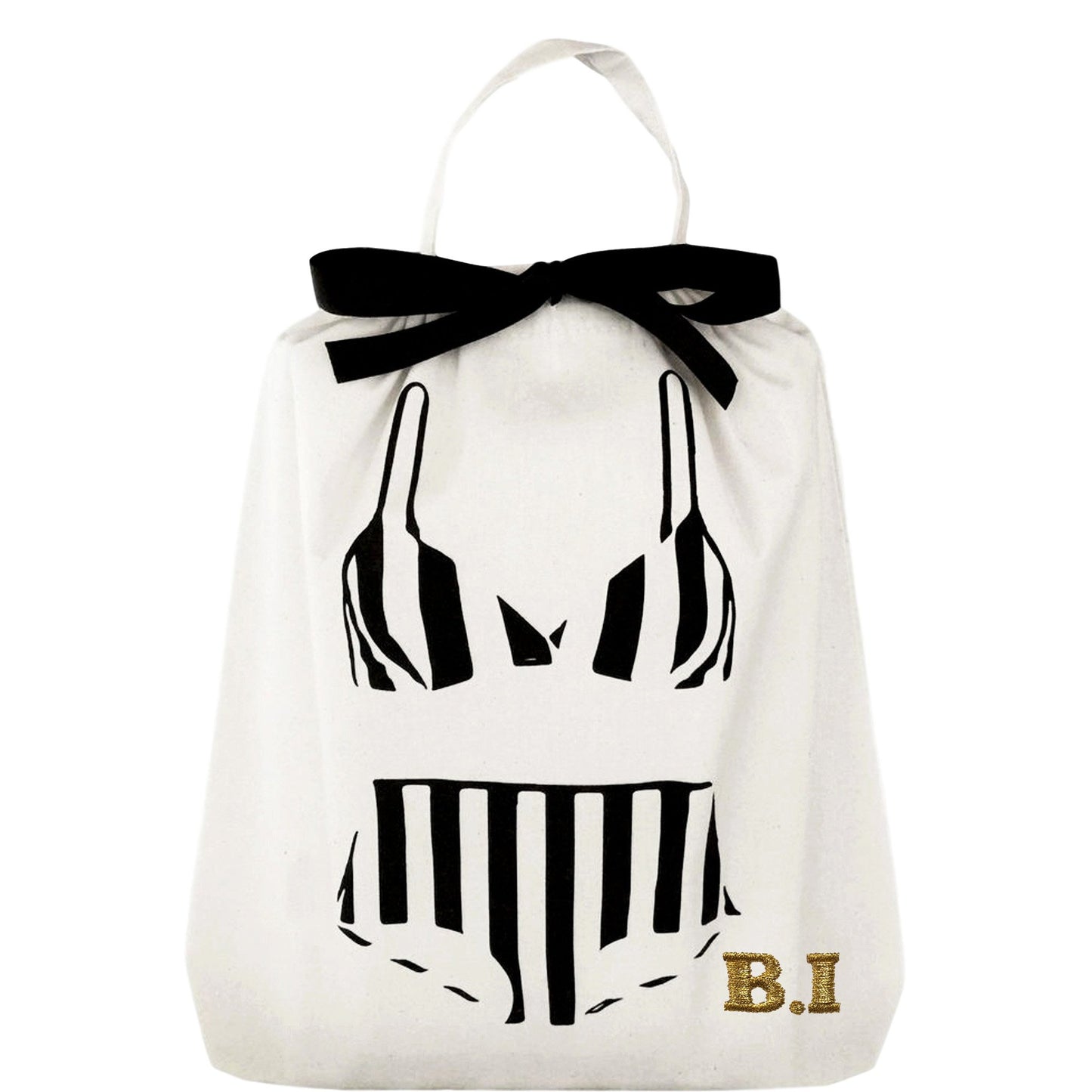 Bag-all white cotton organizing bag with black retro swimsuit print and gold monogram, featuring black bow detail and drawstring closure