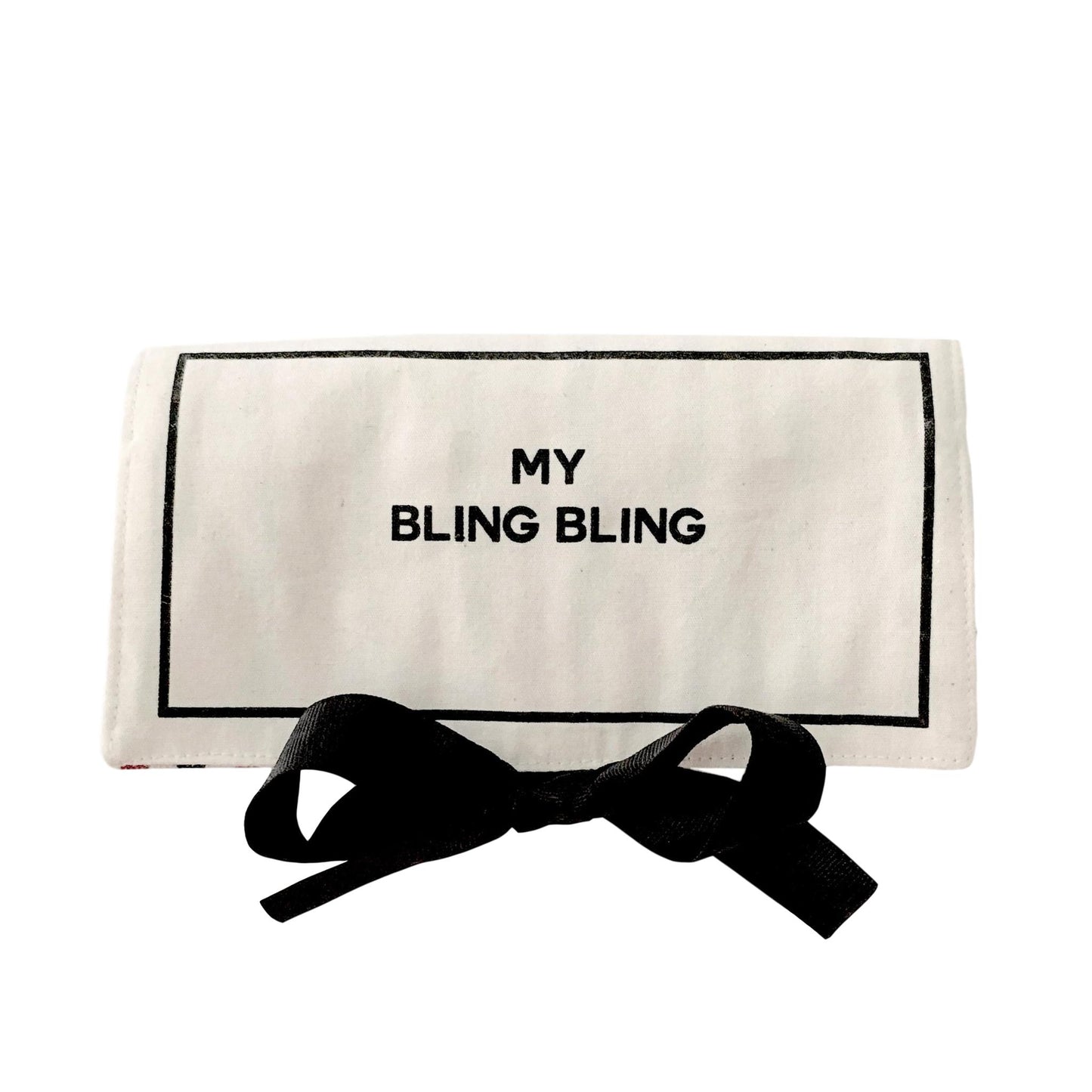 Bag-all Jewelry Organizer Travel Pouch in cream with My Bling Bling text and black bow, featuring elegant black border and monogram option for personalized storage