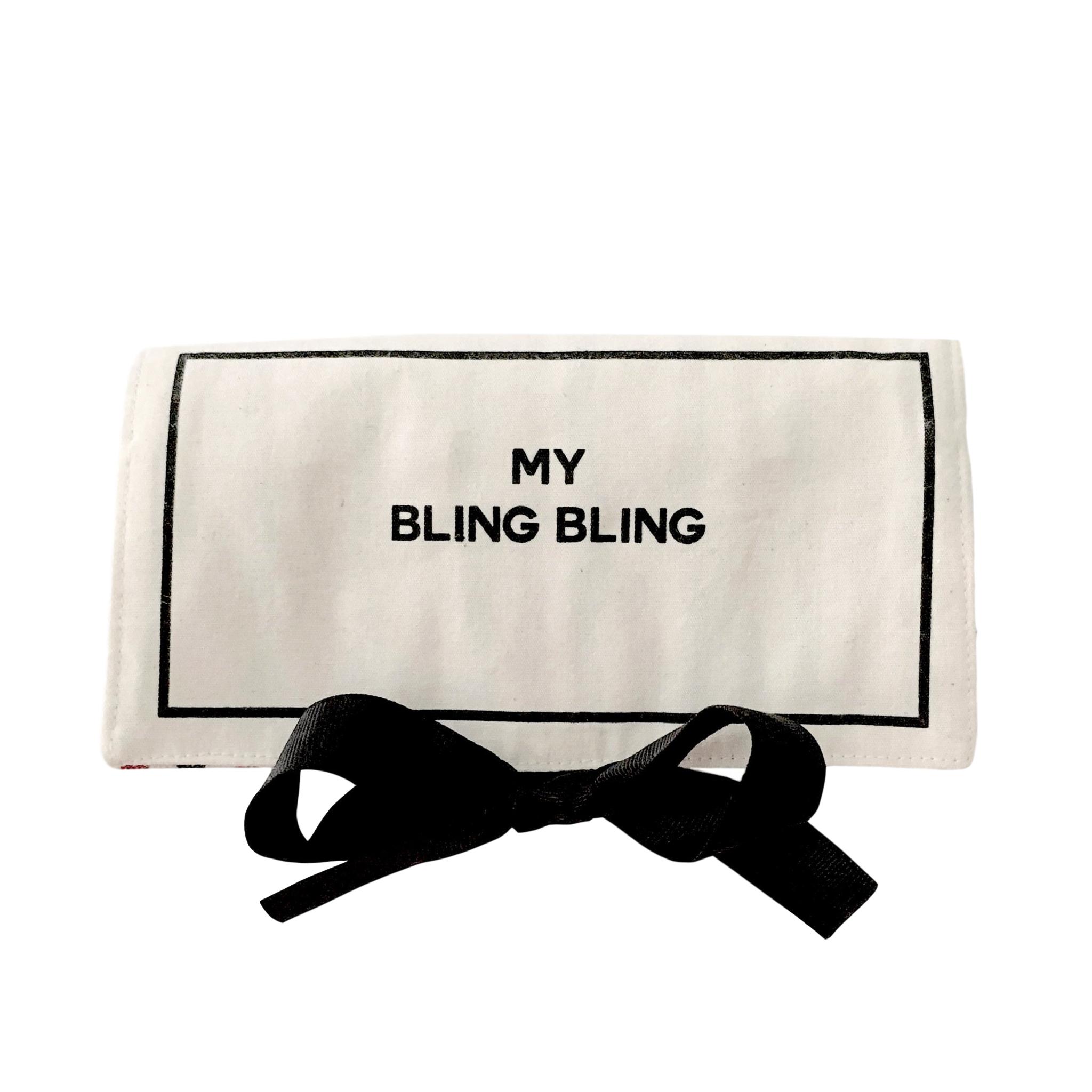 Bag-all Jewelry Organizer Travel Pouch in cream with My Bling Bling text and black bow, featuring elegant black border and monogram option for personalized storage