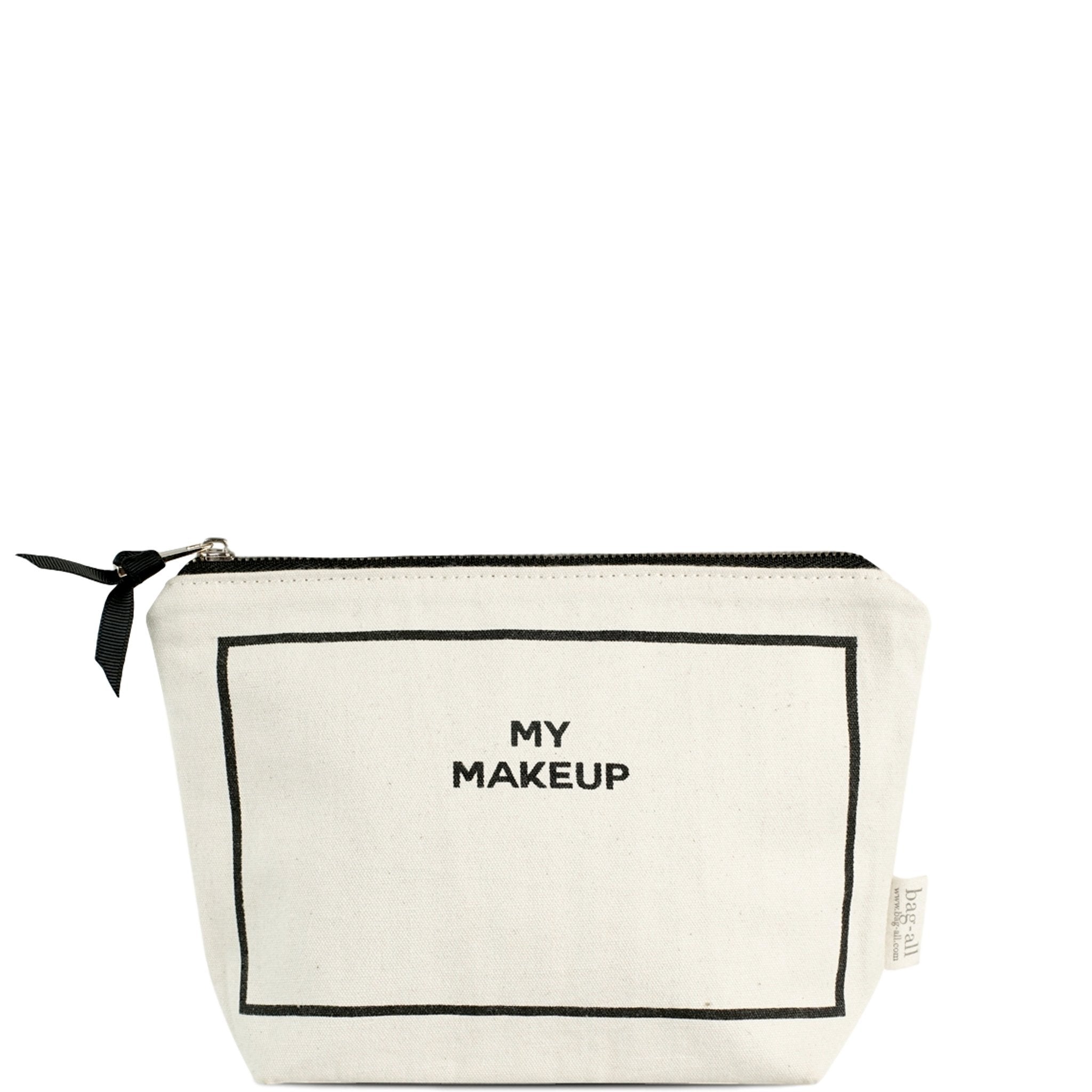 Bag-all Deal Gift Set cream cotton makeup pouch with black border detail and text, part of 3-pack organizer set for lingerie, makeup and jewelry