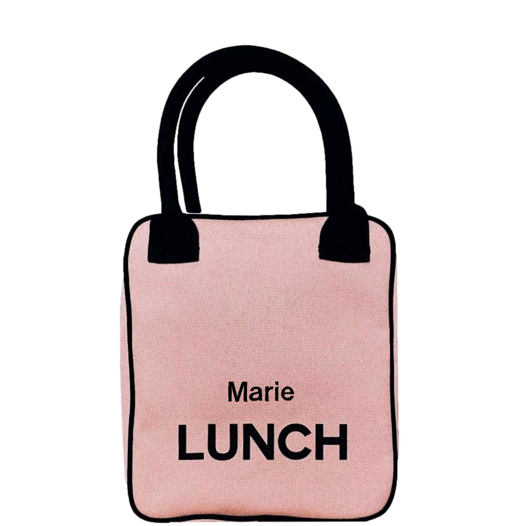 Bag-all Pink Insulated Lunch Box with black handles and text, featuring personalized name Marie, perfect for stylish meal storage and professional carrying