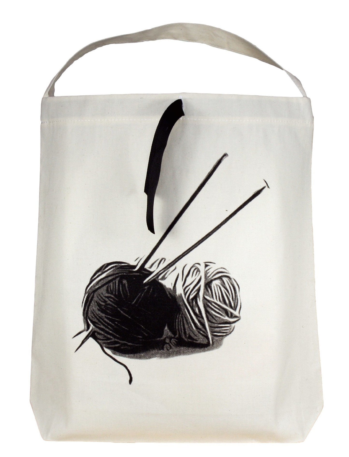 Bag-all Cream Knitting Bag featuring black and white yarn ball print with knitting needles, portable canvas tote with handle for organized crafting storage