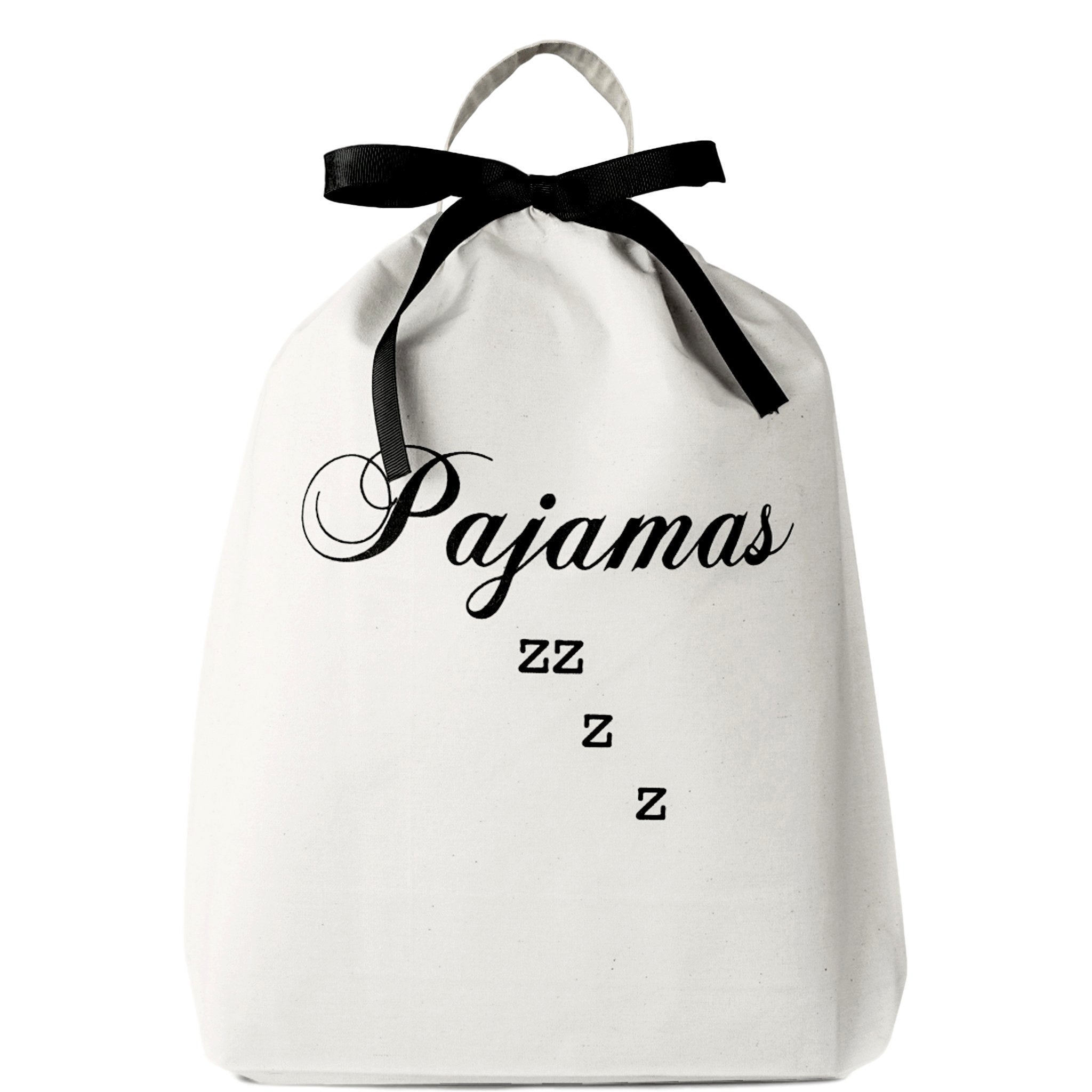 Bag-all Pajamas Zzzz Travel Bag in cream cotton with black bow and handle, featuring elegant script lettering and cascading z's design for sleepwear storage and travel organization