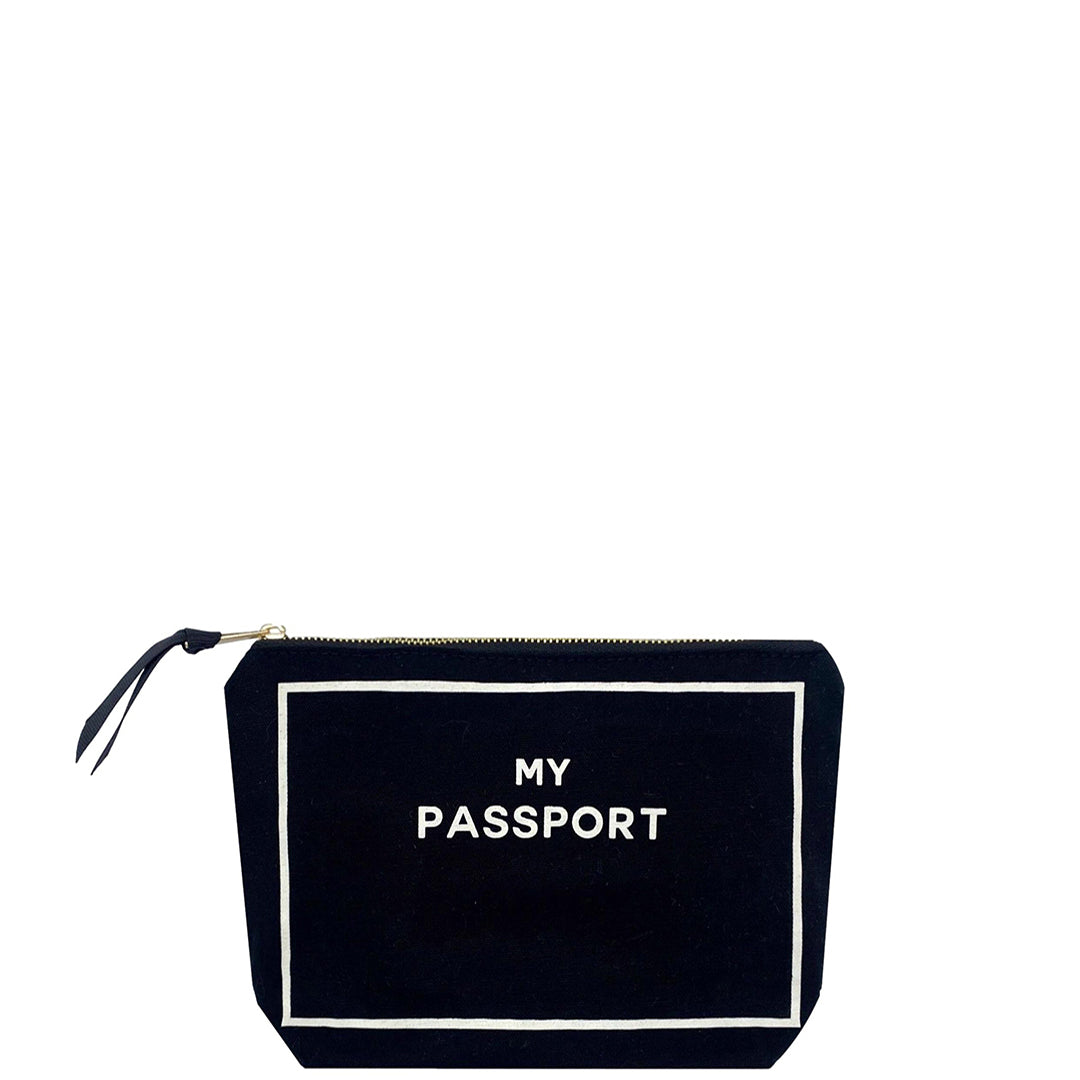 Bag-all Black Passport Pouch - Stylish cotton travel organizer with zipper closure and 'My Passport' text in white frame, perfect for storing documents and cards