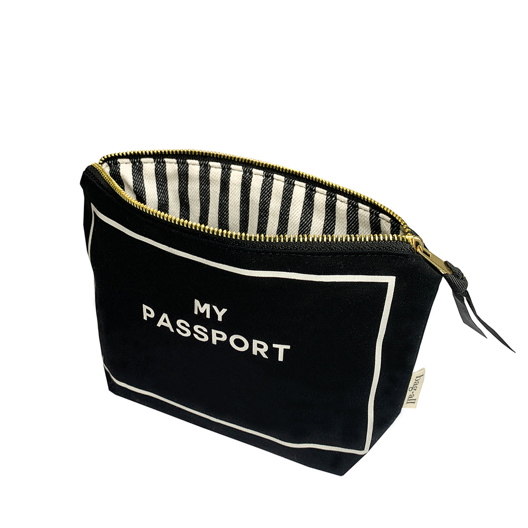 Bag-all Black Passport Pouch with striped interior lining, white text reads My Passport, gold zipper closure, compact travel organizer for documents and cards