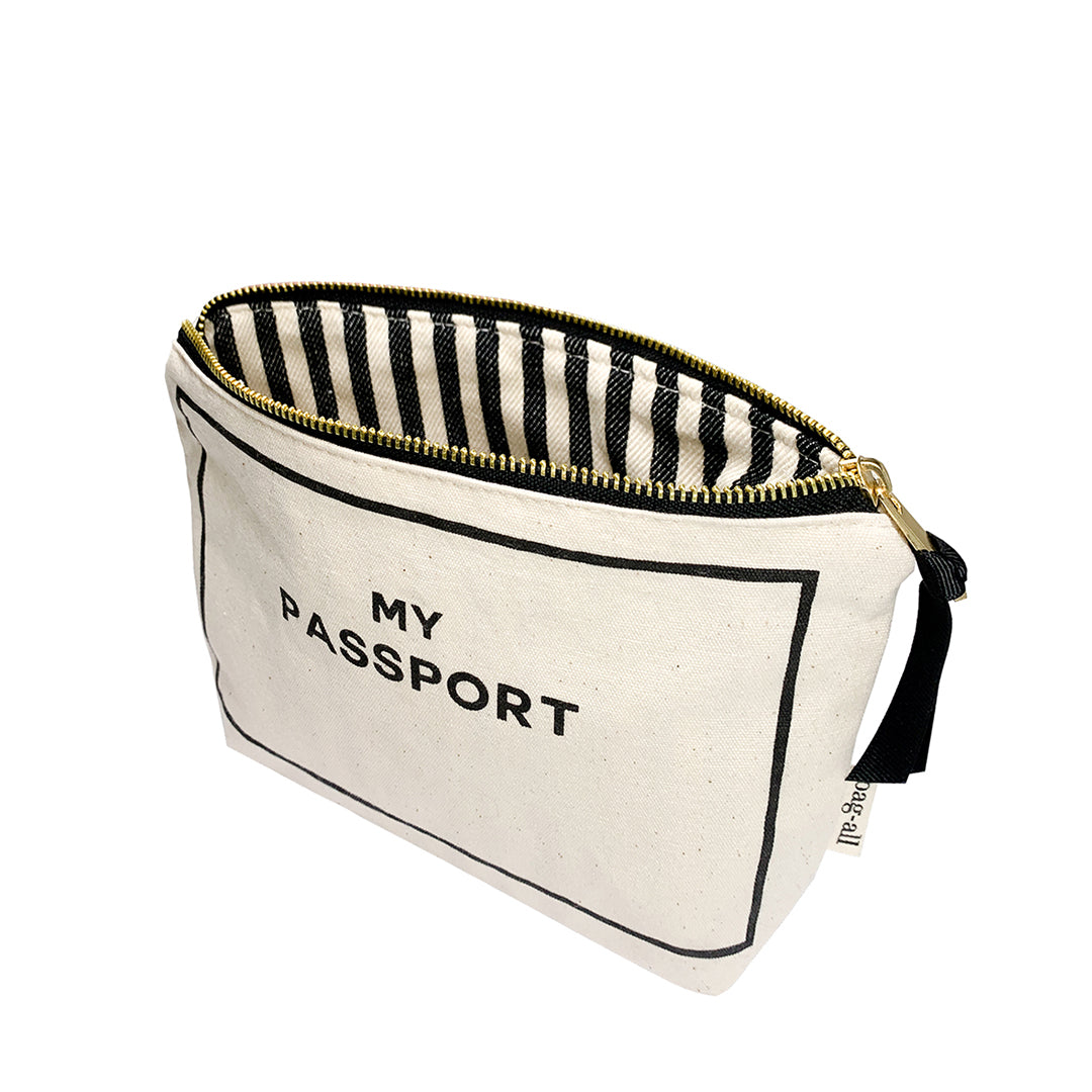 Bag-all Passport Pouch in cream canvas with striped interior lining, gold zipper and "MY PASSPORT" text print - compact travel organizer for documents
