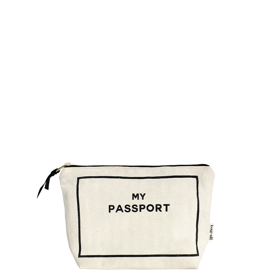 Bag-all Cream Passport Pouch - Cotton travel organizer with black 'My Passport' text and zipper closure, perfect for storing multiple passports and documents