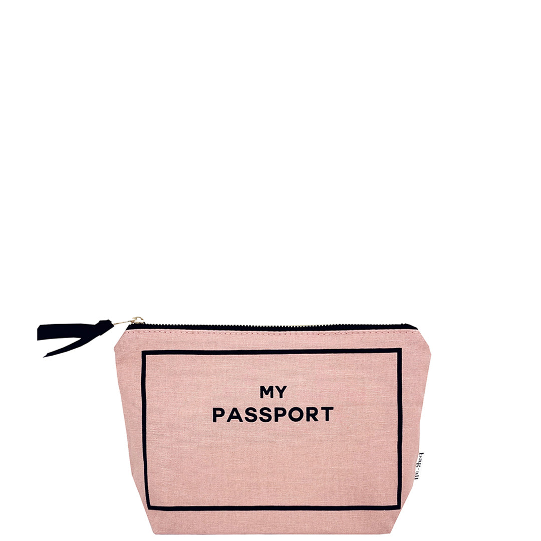 Bag-all Pink Passport Pouch with gold zipper, black text 'MY PASSPORT' on blush cotton canvas, black border design, travel document organizer