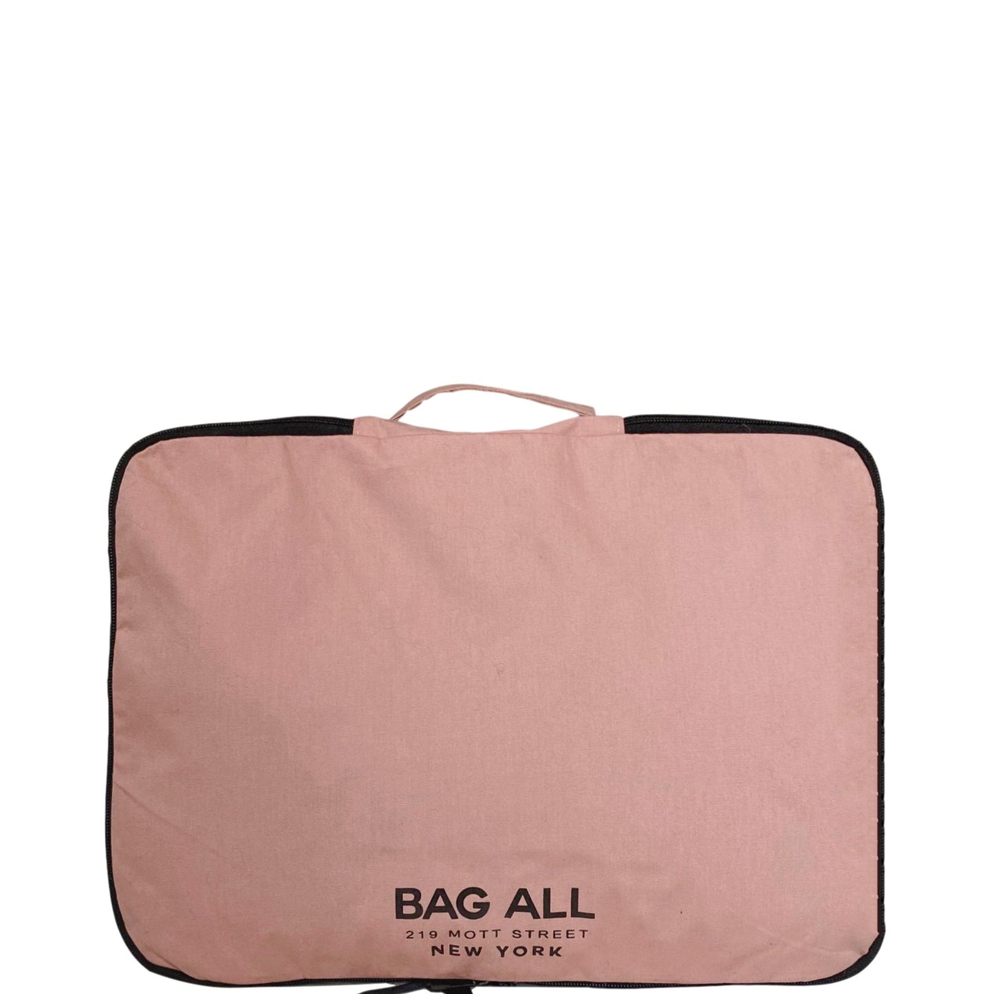Bag-all Large Double Sided Packing Cube in blush pink with black trim, featuring multiple compartments and top handle for organized travel storage and compression