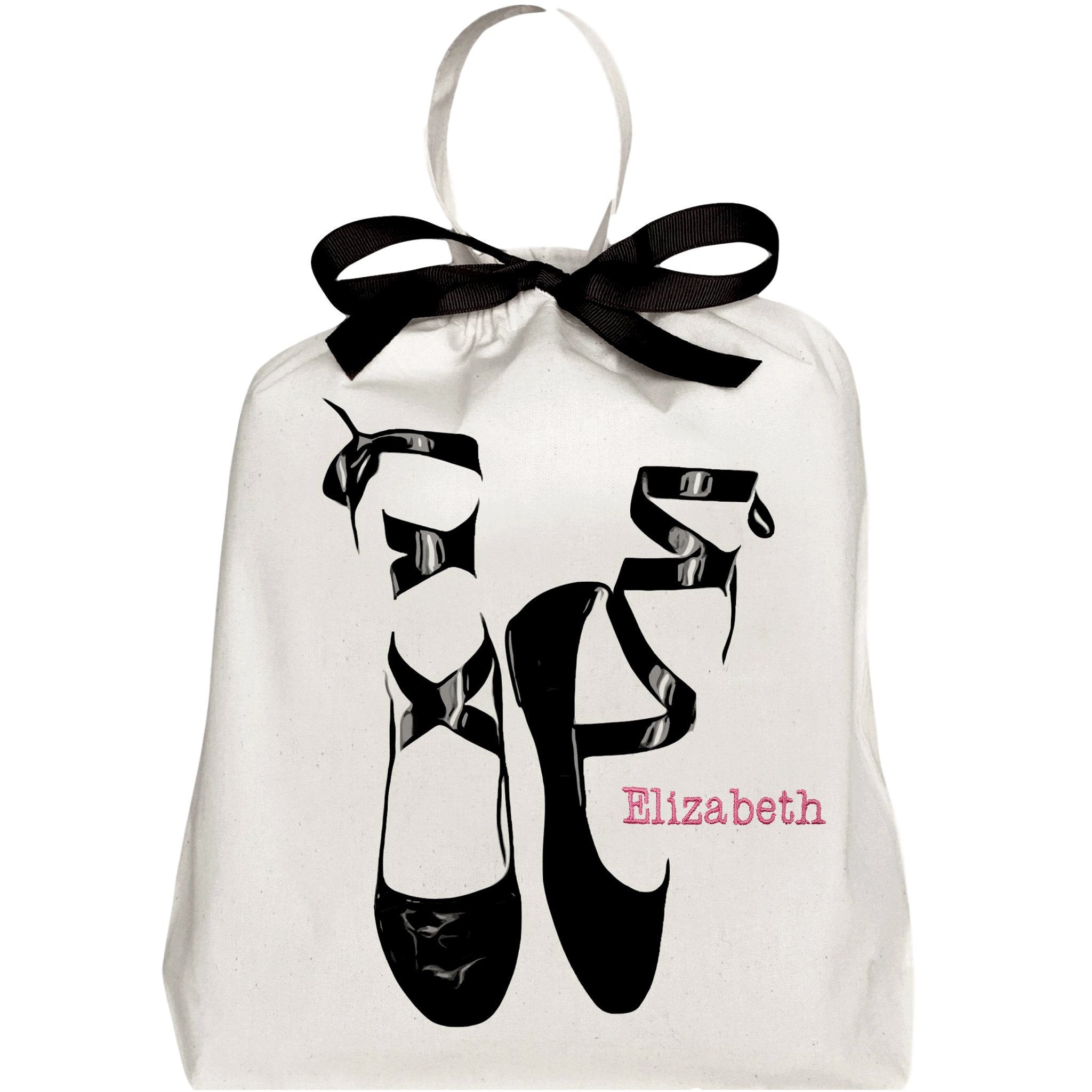 Bag-all Pointe Ballerina Shoe Bag in cream featuring black ballet pointe shoe illustration, black ribbon bow, and customizable monogram text, perfect for storing dance footwear
