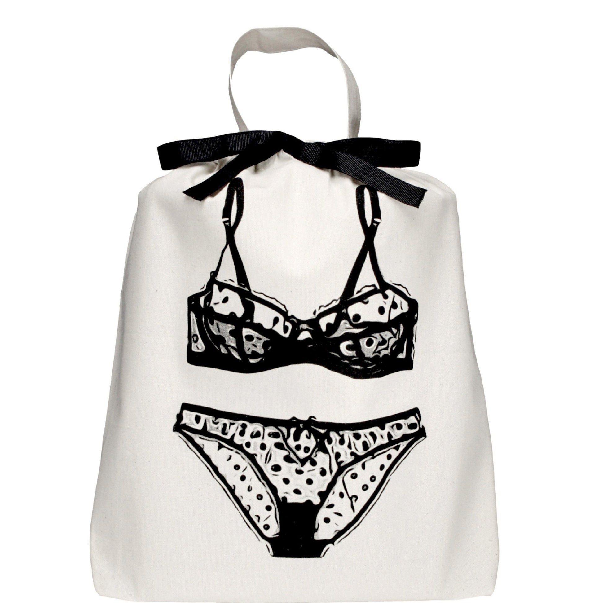 Bag-all Polkadot Lingerie Travel Bag in cream featuring black illustrated lingerie set design with ribbon closure, perfect for organizing delicates while traveling