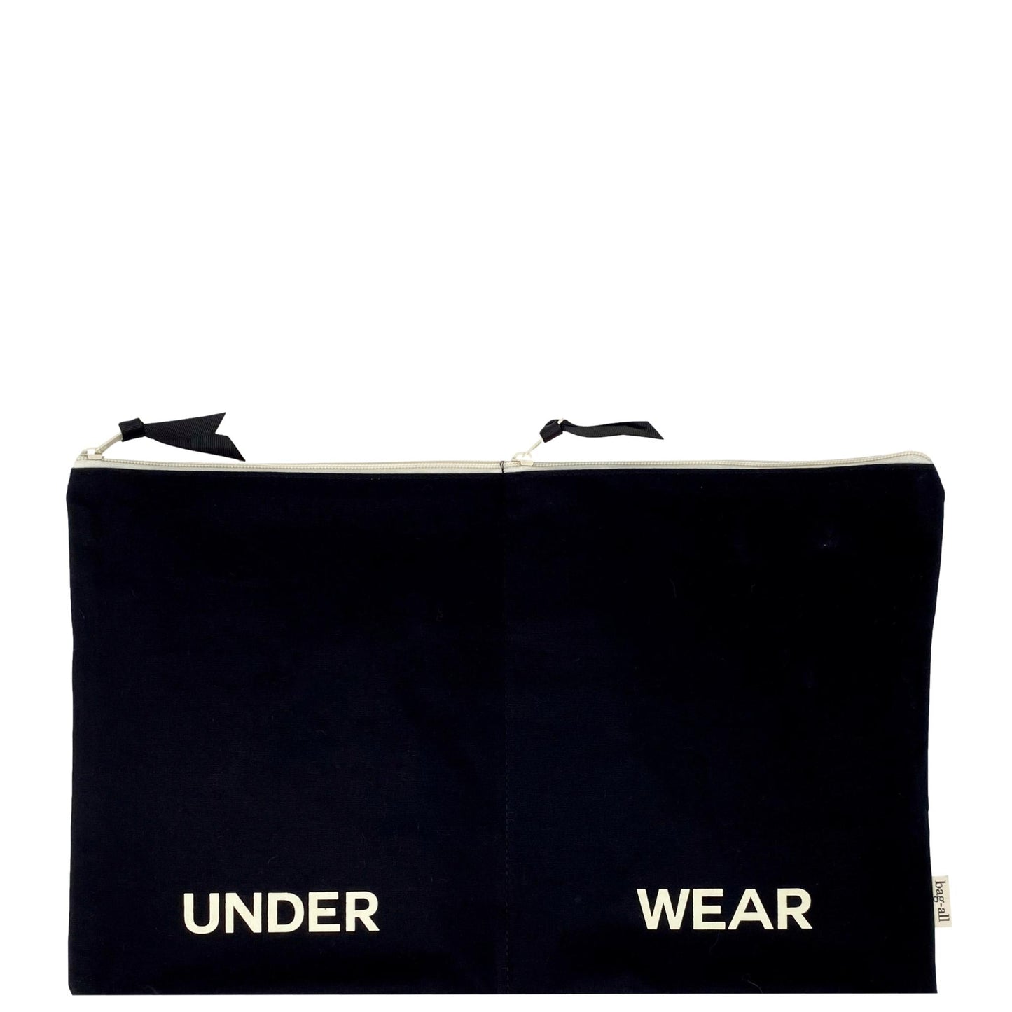 Bag-all Double Lingerie Packing Pouch in black cotton with white 'UNDER WEAR' text print, featuring dual compartments and recycled grosgrain ribbon zippers for organized travel storage