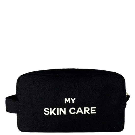 Bag-all My Skin Care Organizing Pouch in black cotton with waterproof lining, gold zipper, and white text - perfect for travel and bathroom storage