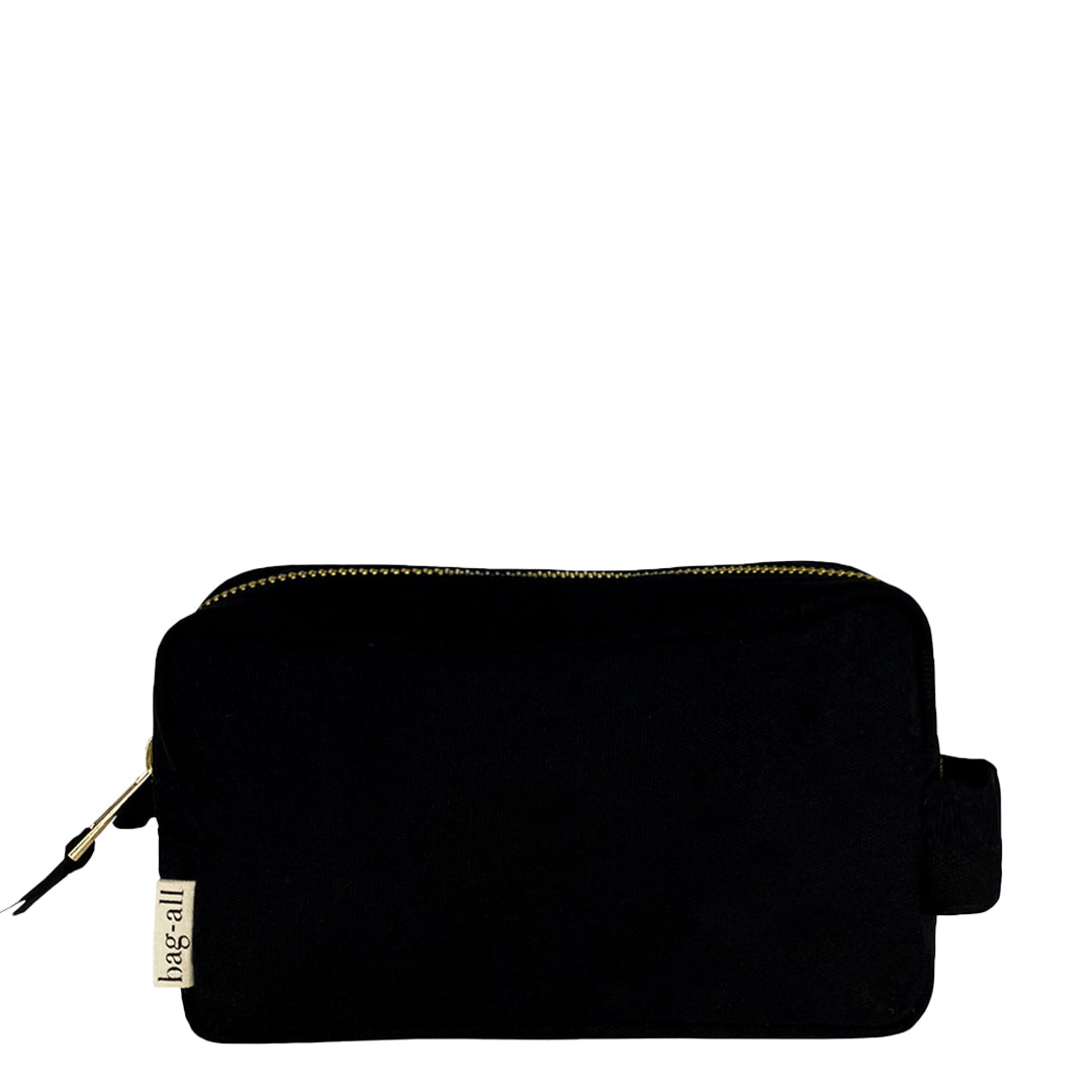 Bag-all My Skin Care Organizing Pouch in Black - Waterproof cotton travel case with gold zipper for skincare products and bathroom organization