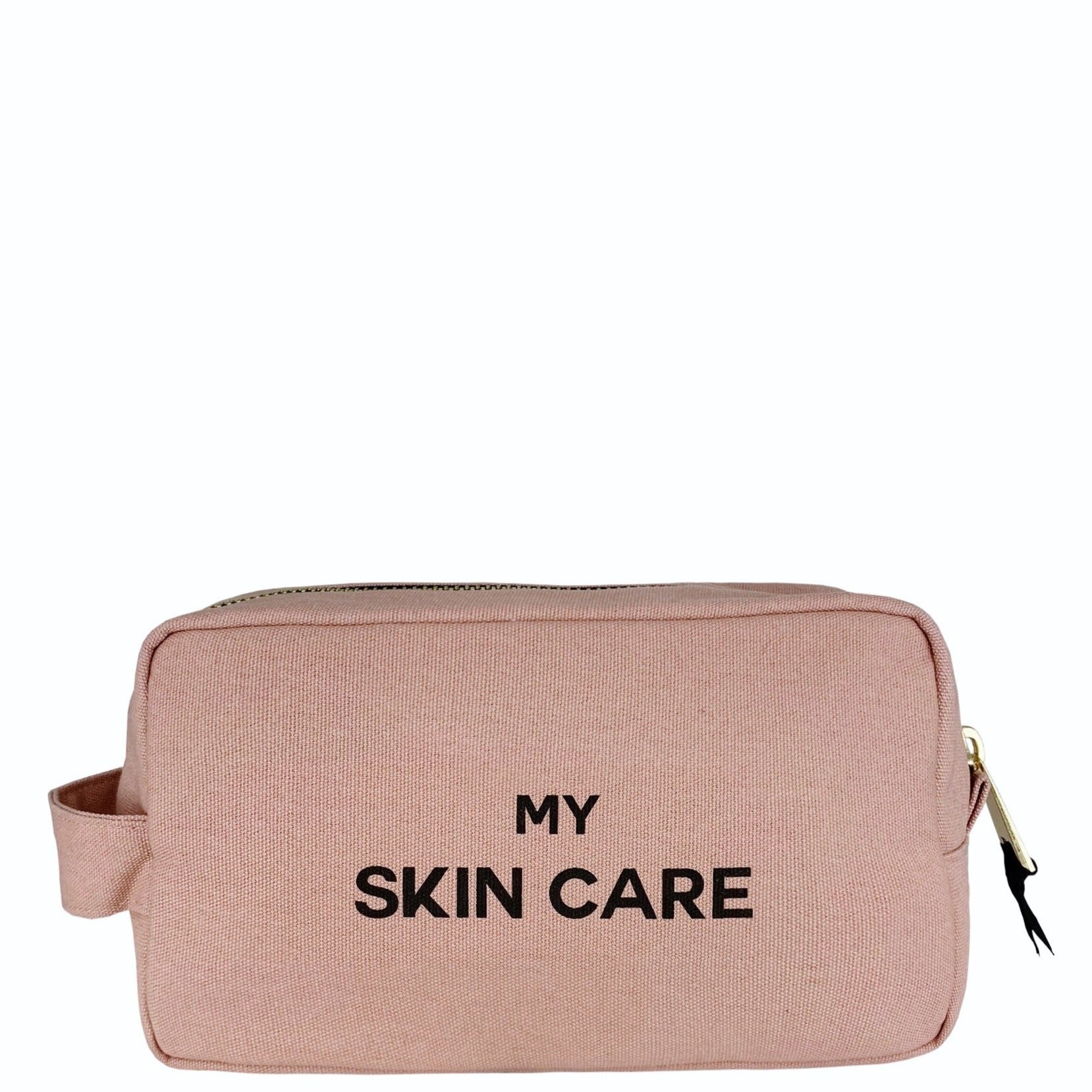 Bag-all My Skin Care Organizing Pouch in blush pink cotton with waterproof lining, featuring black text and gold zipper, perfect for storing skincare essentials