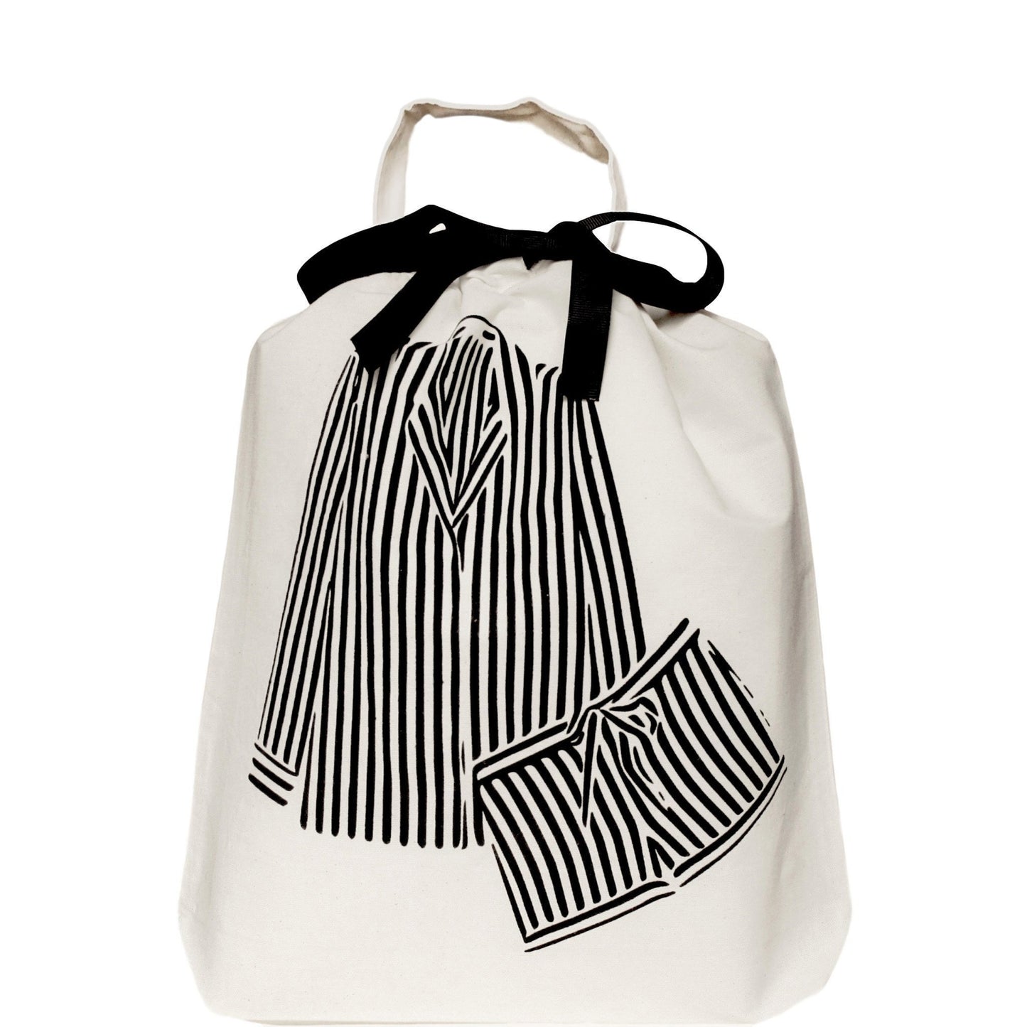 Bag-all Striped Pajamas Travel Bag in cream with black bow featuring classic striped pajama set illustration - perfect for organizing clothes at home or during travel