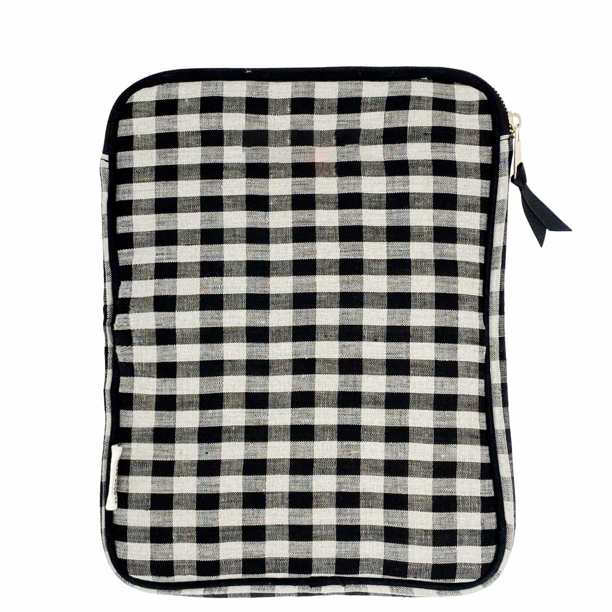 Bag-all Tablet Case 11" with Charger Pocket in black and white gingham pattern, featuring padded protection, front storage pocket, and secure zipper closure.