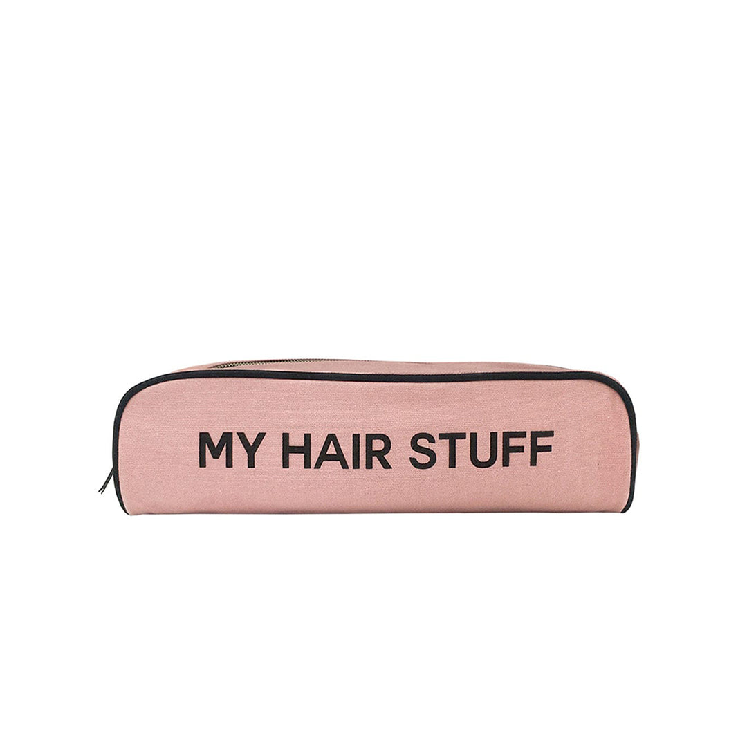 Bag-all Hair Stuff Travel Case in blush pink with black piping and text, thermal-lined organizer for styling tools and accessories
