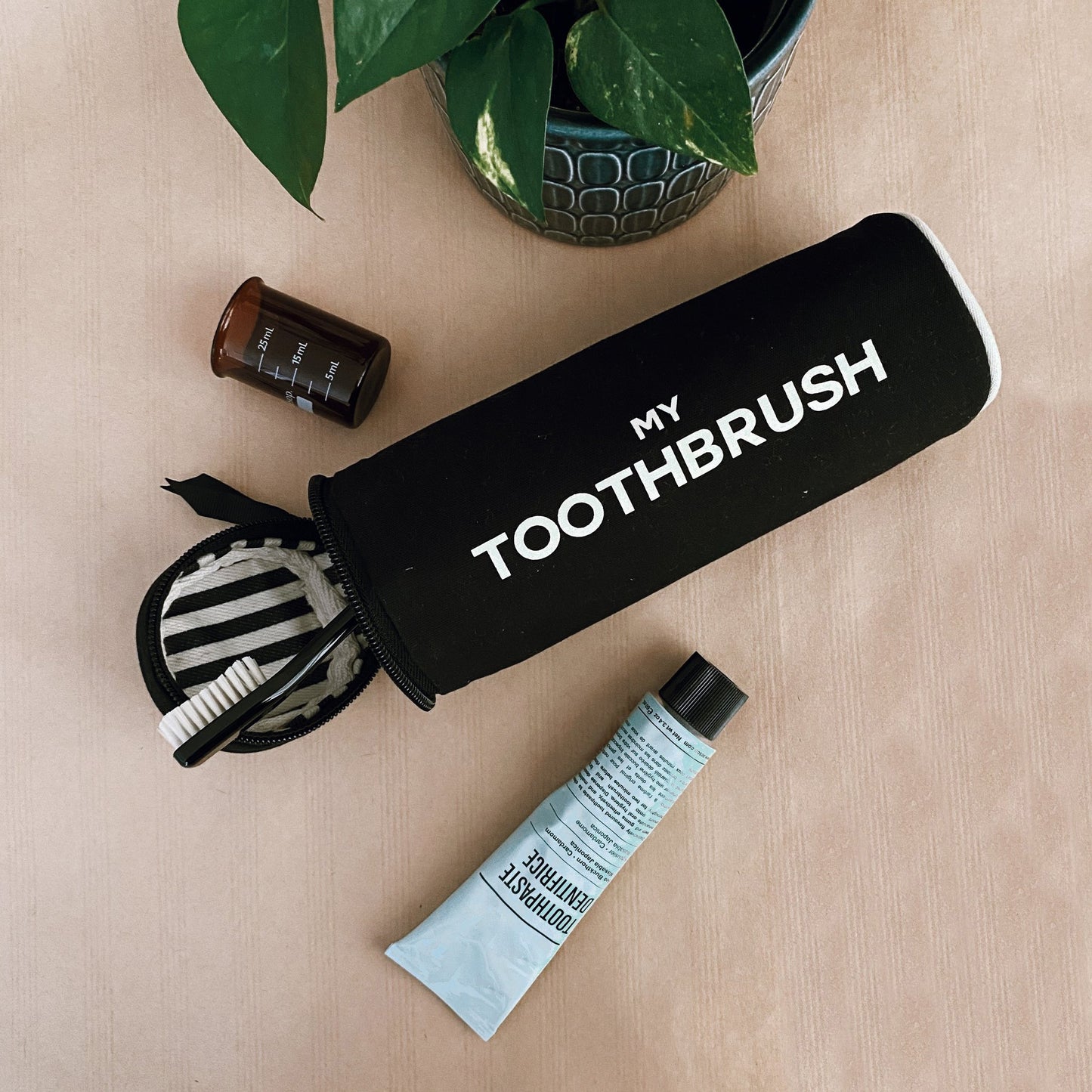 Bag-all Black Toothbrush Travel Case with white text shown open displaying toothbrush storage, alongside toothpaste and plant decor on beige surface, featuring metal zipper and cylindrical design