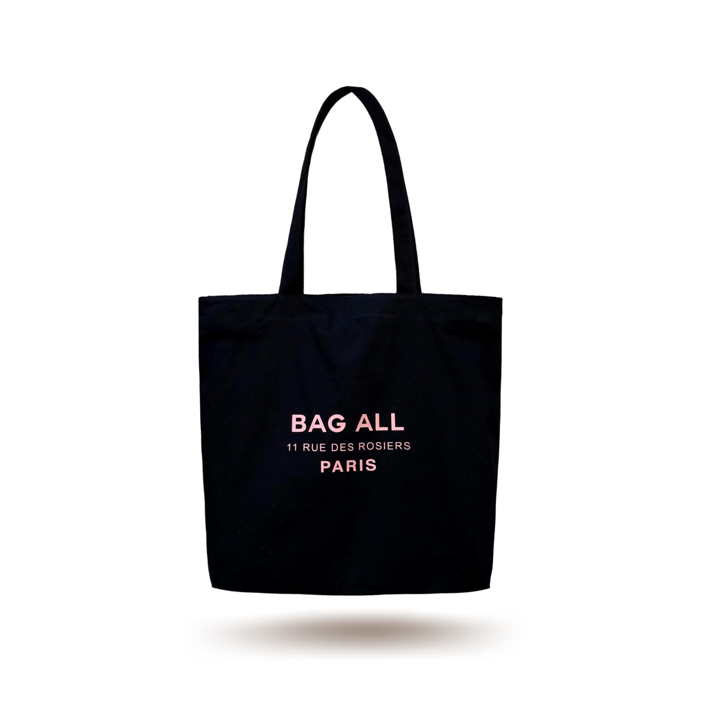 Bag-all Paris Le Marais black cotton tote with zipper featuring 11 Rue des Rosiers address print, inside pocket and sturdy handles perfect for everyday use