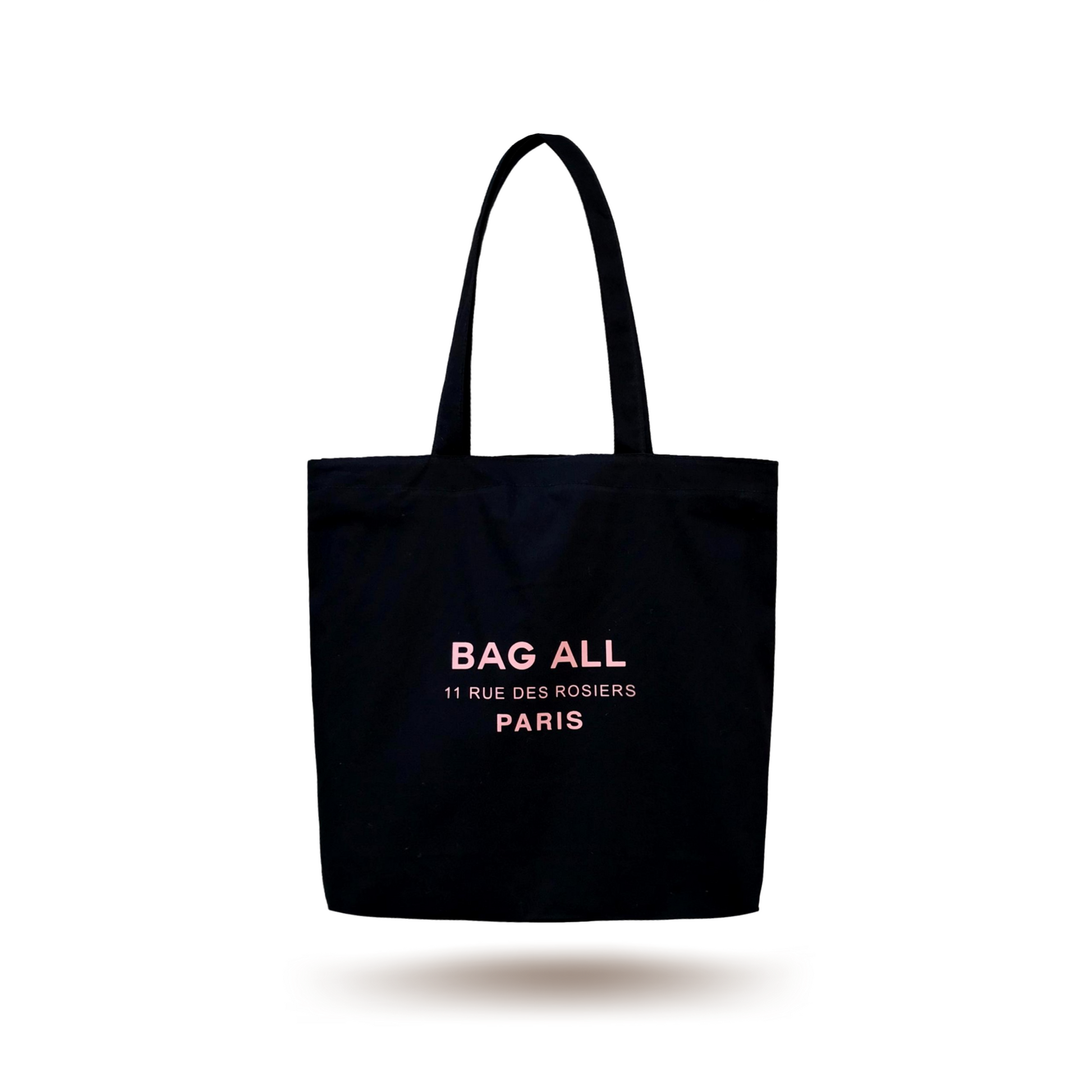 Bag-all Paris Le Marais black cotton tote with zipper featuring 11 Rue des Rosiers address print, inside pocket and sturdy handles perfect for everyday use