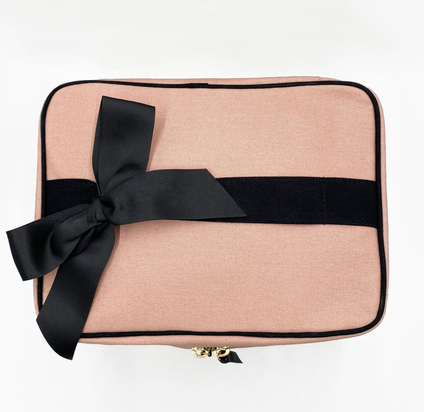 Bag-all My Vanity Large Beauty Box in pink blush with black ribbon bow, stylish travel organizer for cosmetics and toiletries, laminated interior