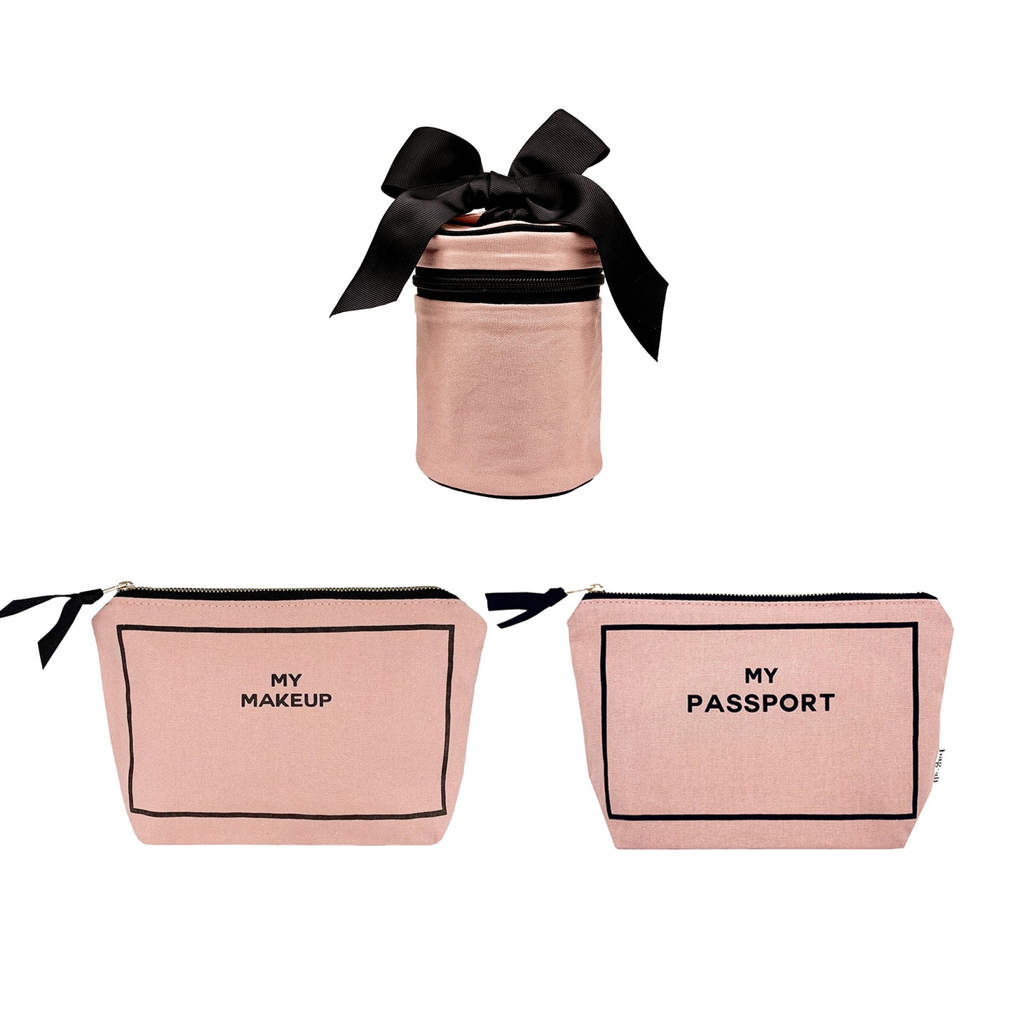 Bag-all pink blush 3-pack travel organizers including makeup, passport, and liquid bags with black ribbon detail