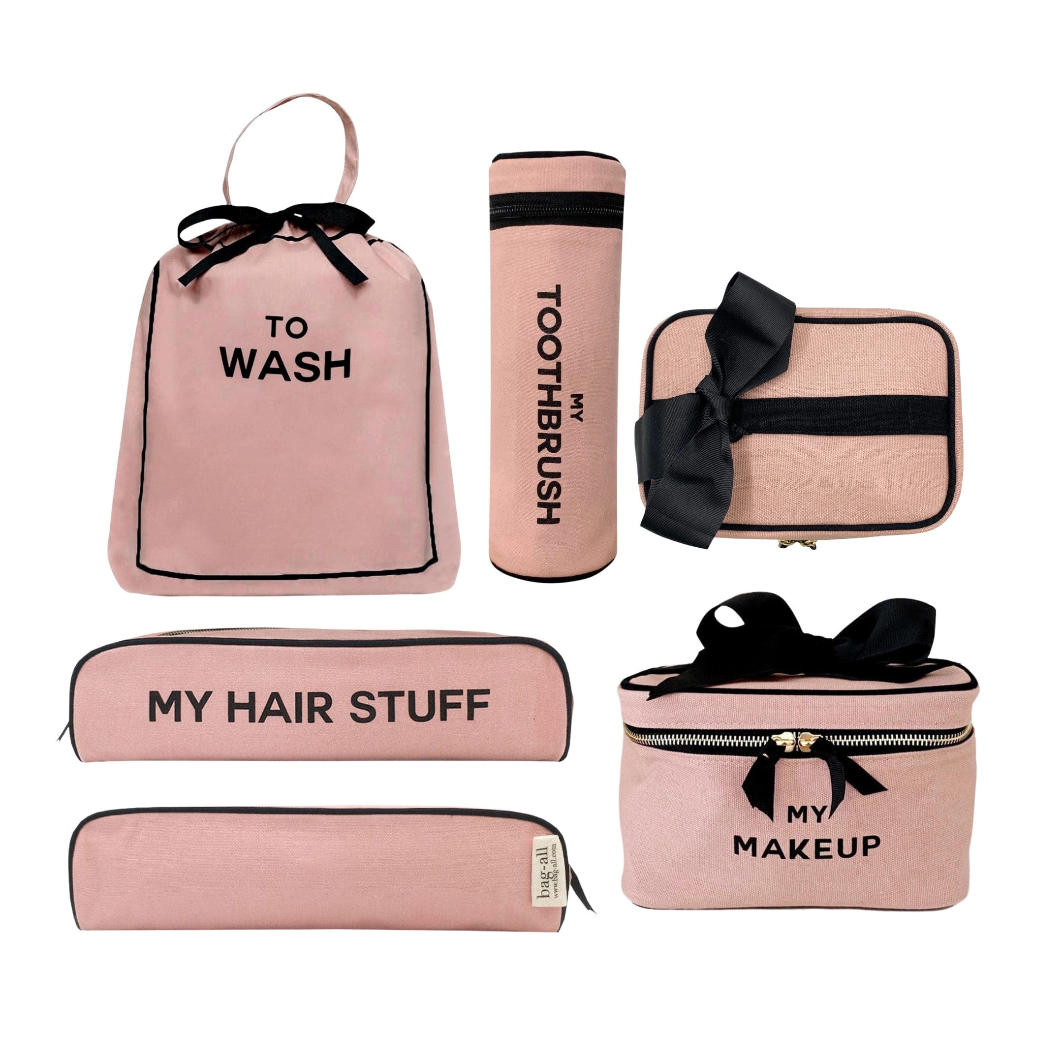 Bag-all Deal Gift Set featuring pink cotton travel cases - laundry bag, makeup box, hair accessories case, and toothbrush holder with black bow accents and striped lining