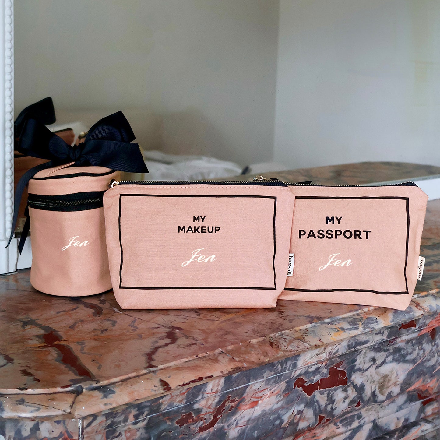 Bag-all pink blush 3-pack carry on essentials set with makeup, passport, and liquid organizers personalized with Jen text